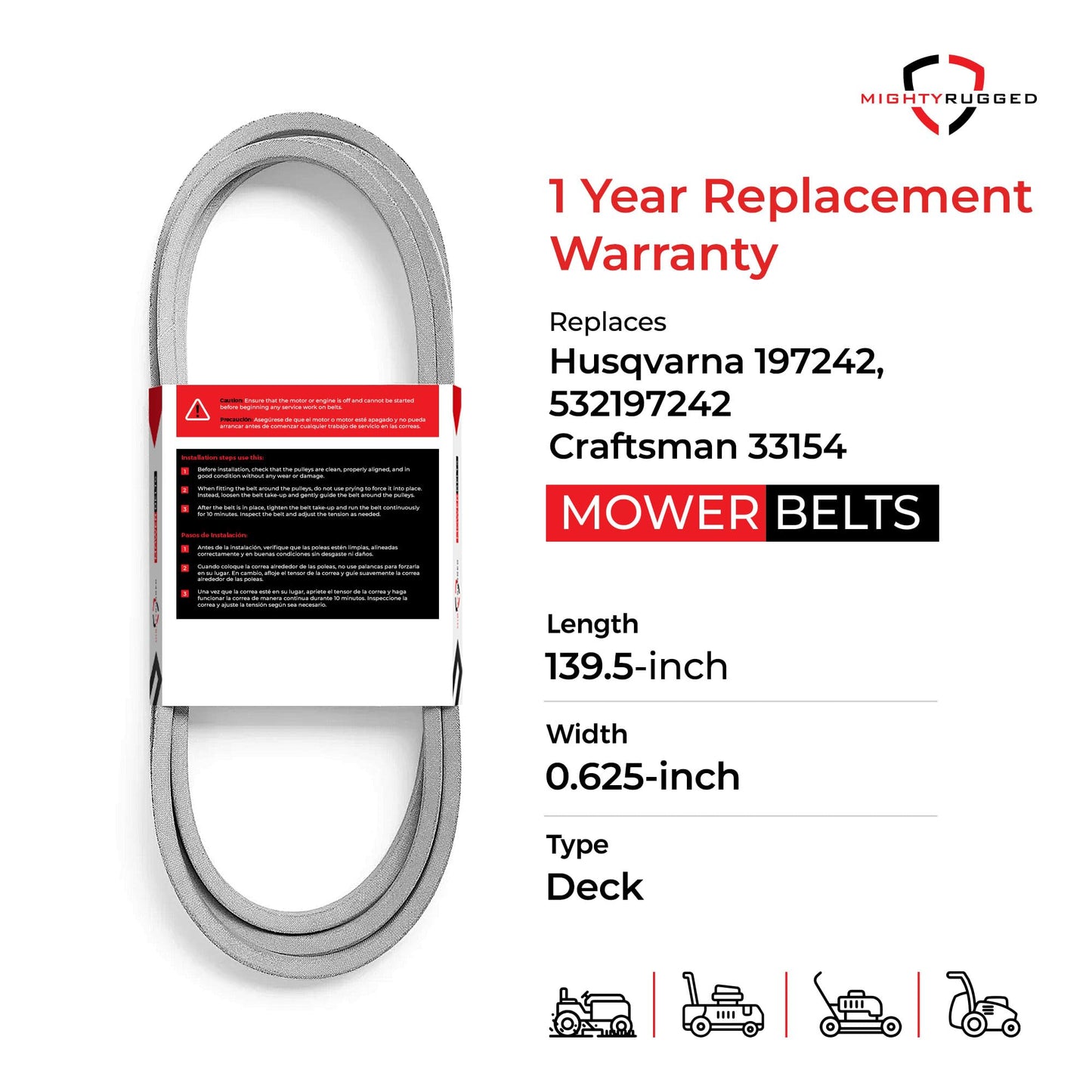 532197242, 532 19 72-42, 197242 Replacement for Husqvarna 48 inch Deck Belt, Length 139.5", Heavy-Duty, Durable, Aramid Cord Replacement for Husqvarna 593773401 YTH24V48 Deck Belt, YTH2348 YTH24K48