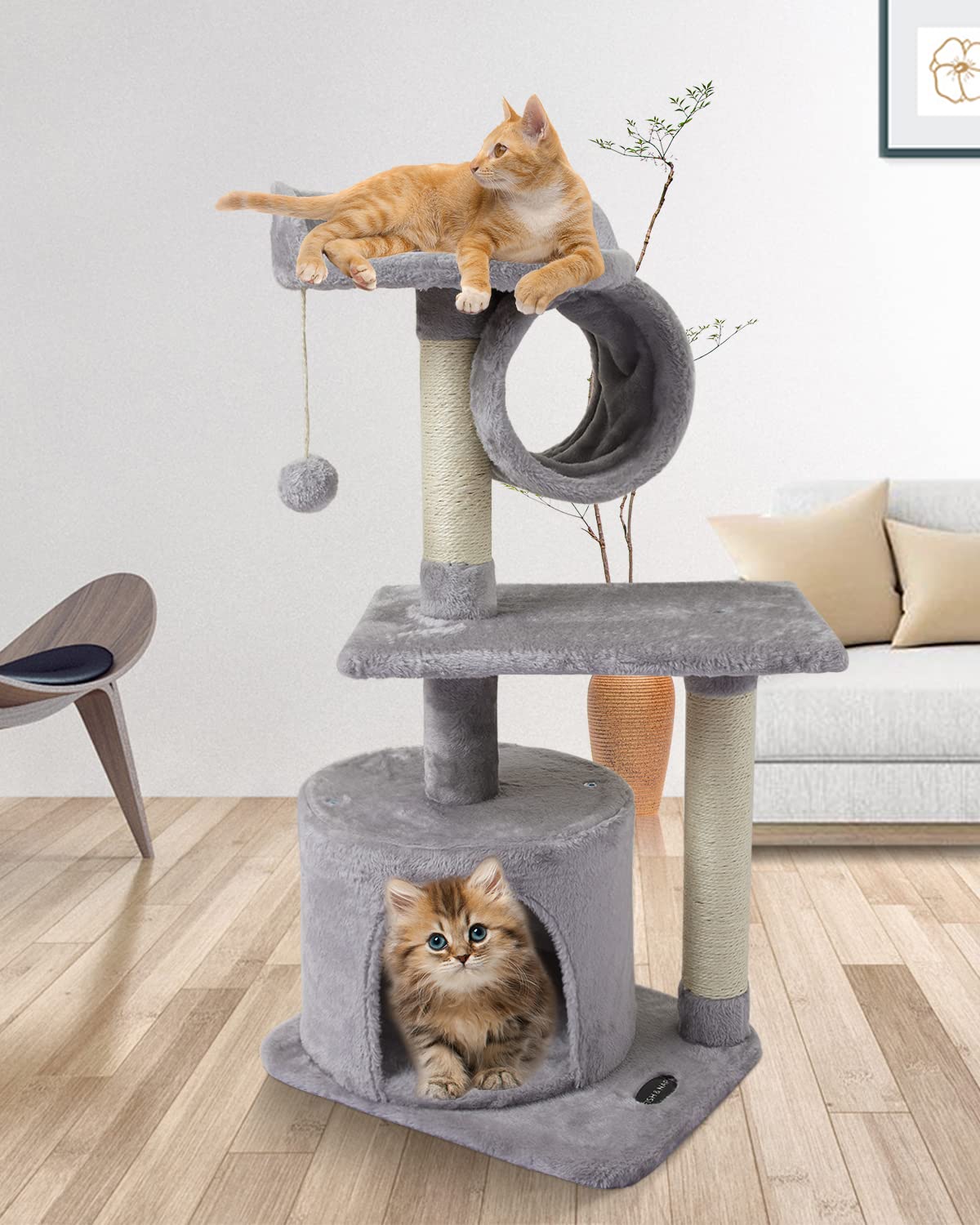 FISH&NAP US01H Cute Cat Tree Kitten Cat Tower for Indoor Cat Condo Sisal Scratching Posts with Jump Platform Cat Furniture Activity Center Play House Grey