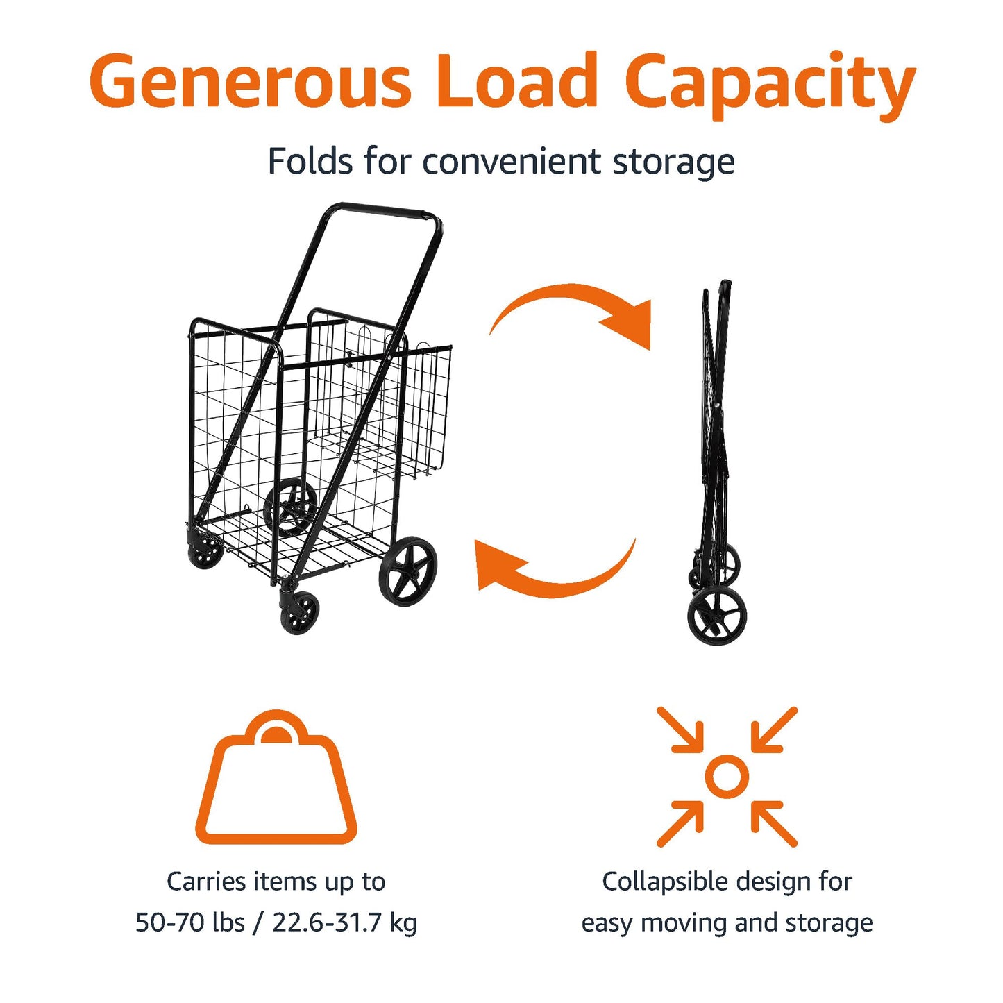 Amazon Basics Foldable Shopping Utility Cart with 360-Degree Wheels, Easy Assembly, Black, X-Large