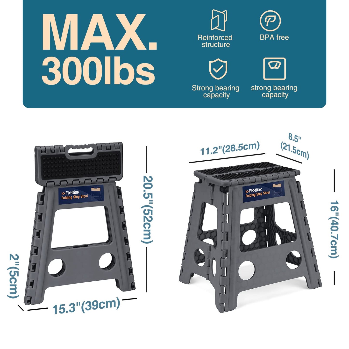 Flottian 16" Folding Step Stool for Adults and Kids Holds Up to 300 lbs,Non-Slip Folding Stools with Handle, Compact Plastic Foldable Step Stool for Bathroom,Bedroom, Kitchen, Gray,1PC