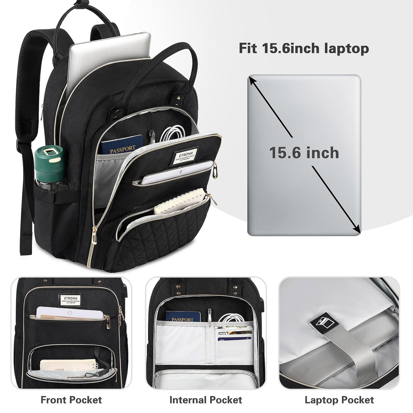 ETRONIK Lunch Backpack for Women, 15.6 inch Laptop Backpack with USB Port, Teacher Nurse Work Backpack with Insulated Cooler Lunch Bag, Travel Bags for Women & Men, Gift, Black