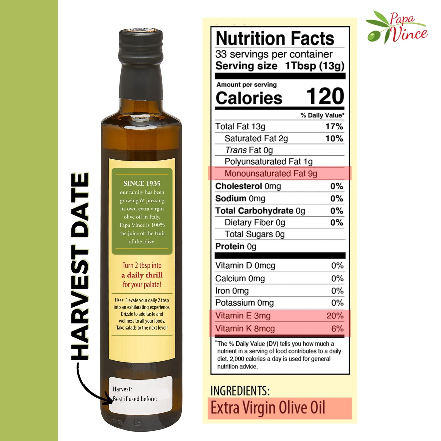 Papa Vince Olive Oil Extra Virgin - First Cold Press Family Harvest 2024/25, Polyphenol Rich, Subtle Peppery Finish, Unrefined, High in Monounsaturated Fat, No Pesticides, No GMO, Sicily, Italy