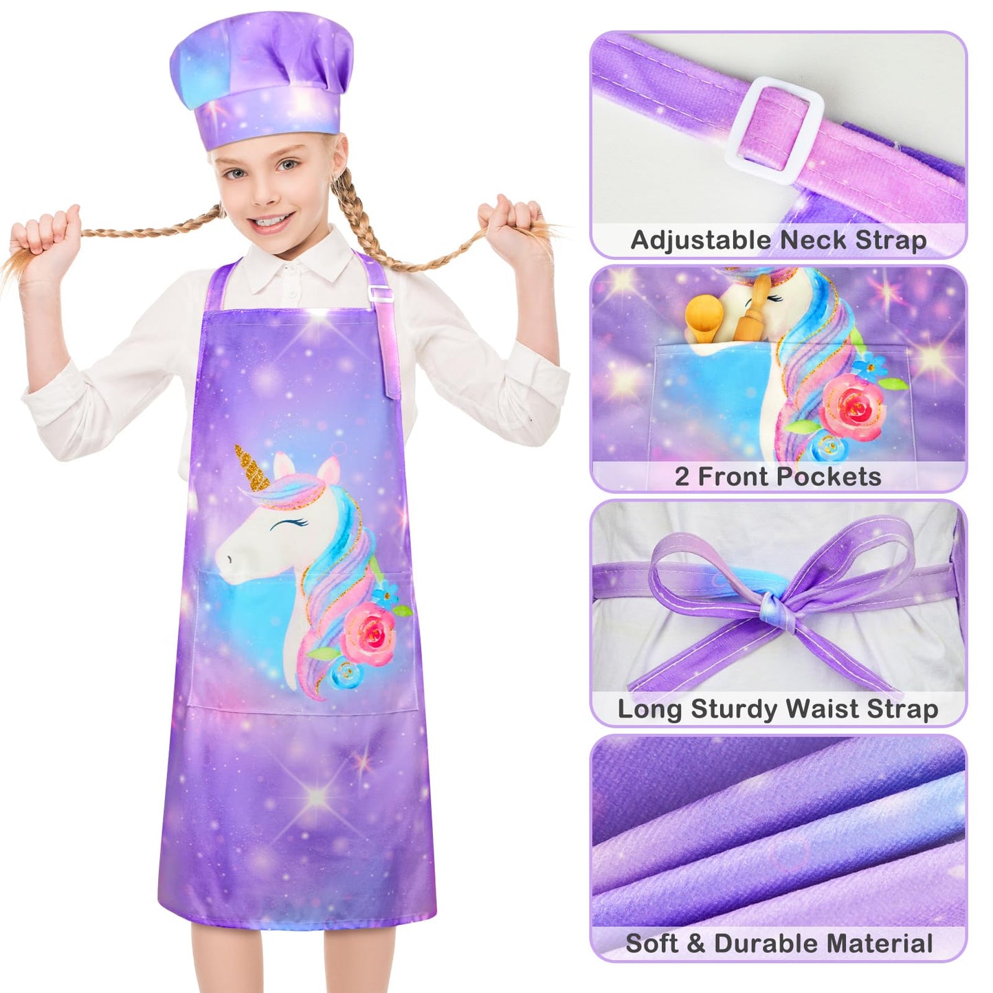 MHJY Kids Apron and Chef Hat Set, Child Aprons for Cooking Baking Painting Cute Toddler Girls Apron with Pockets 3-12 Years