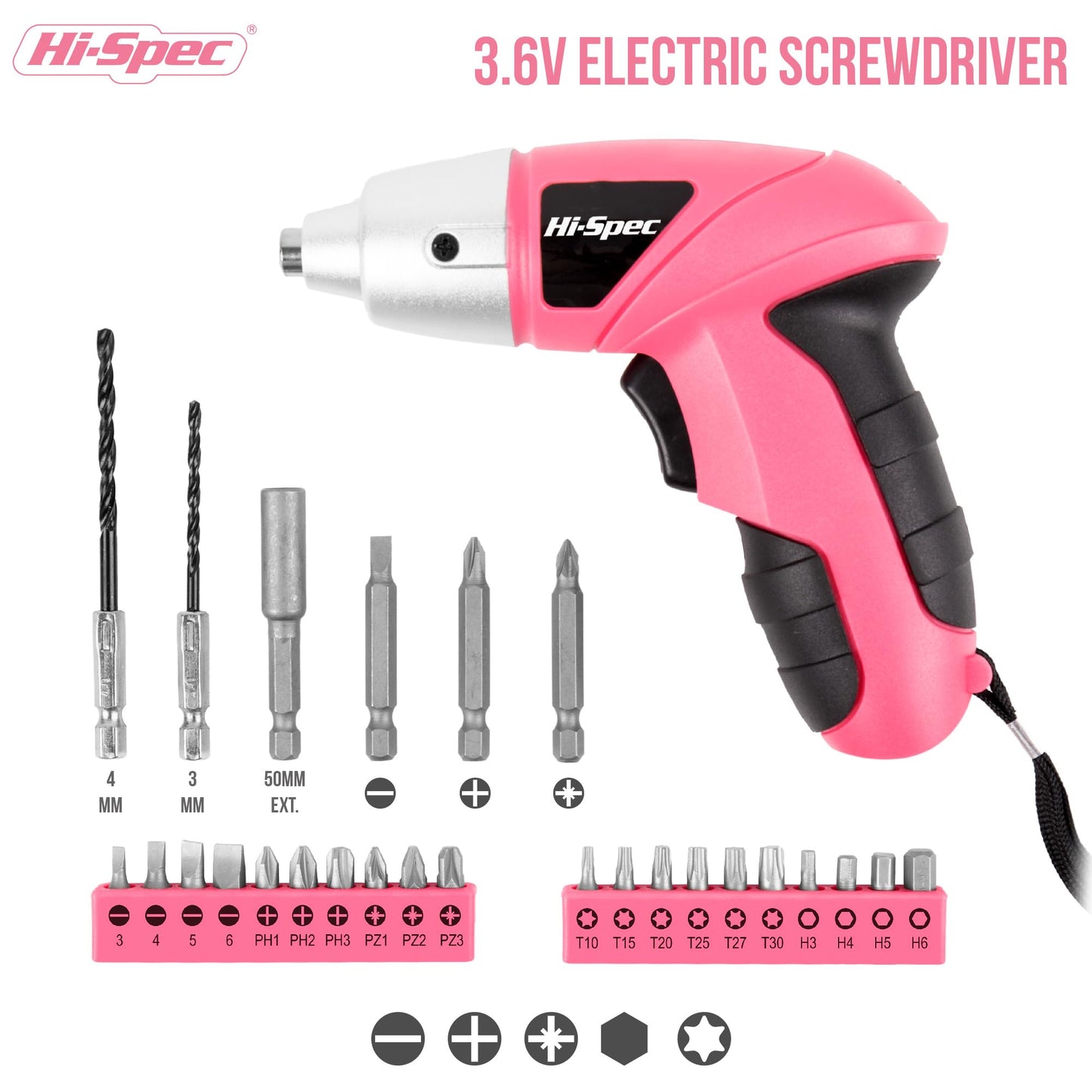 Hi-Spec Electric Screwdriver 27pc 3.6V Pink USB Small Power Screwdriver Set. Cordless & Rechargeable with Driver Bit Set