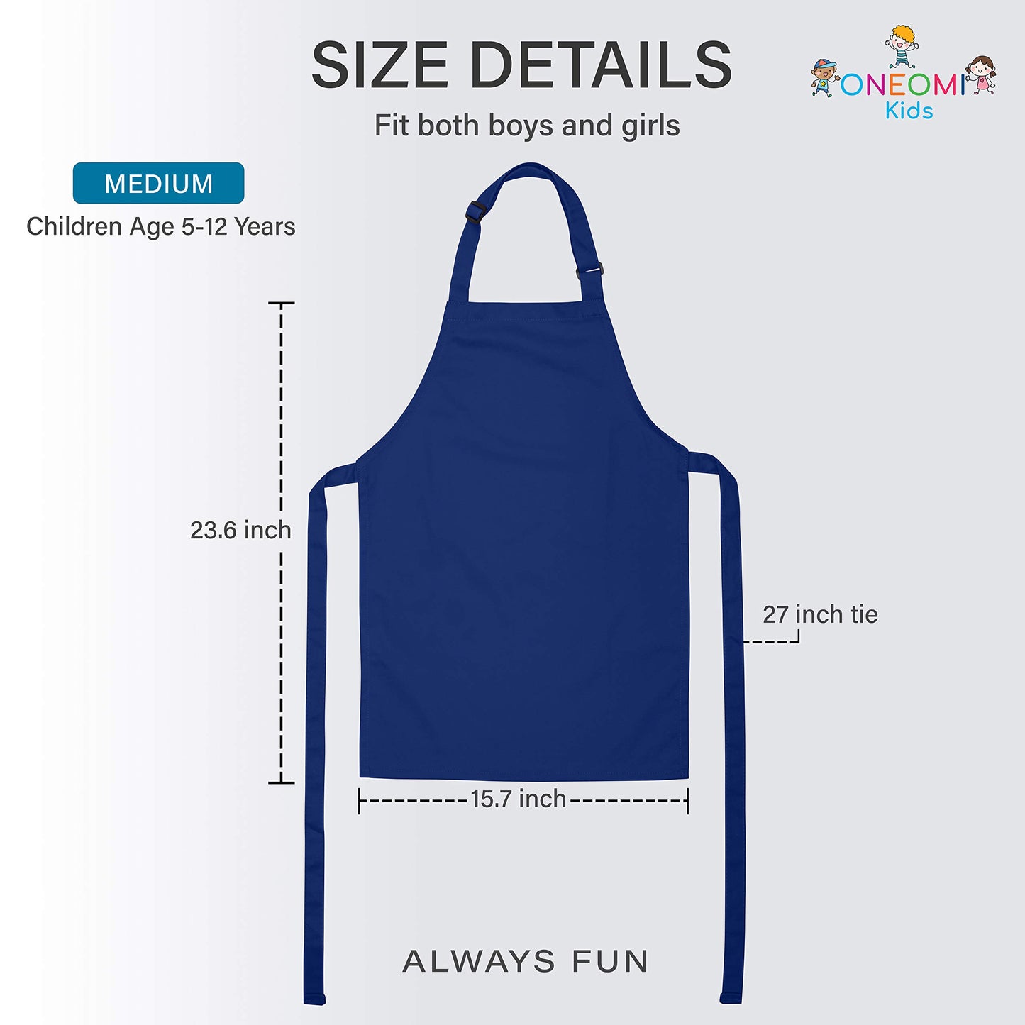 ONEOMI Kids Apron, Medium, 100% Cotton with an Adjustable Strap to fit All Ages, Ideal for Cooking, Baking, Painting, Decorating, Party, Chef, Art and Classroom Children Apron (1, Navy Blue)