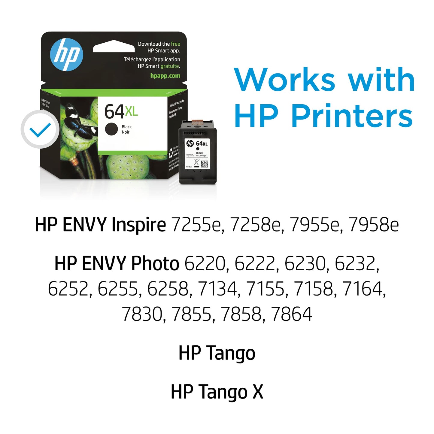 HP 64XL Black High-yield Ink Cartridge for HP Printers | Works with Printer Series: ENVY Inspire 7950e; ENVY Photo 6200, 7100, 7800; Tango | Eligible for Instant Ink | N9J92AN