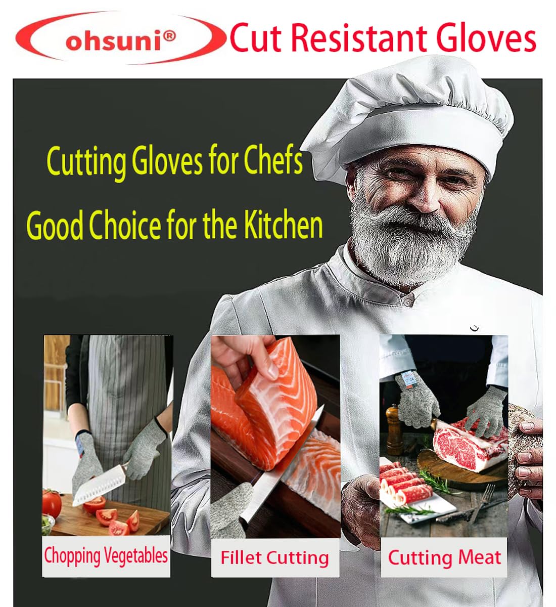 ohsuni Cut Resistant Gloves - 2 Pairs of Food Grade Kitchen Gloves for Cutting, Oyster Shucking, Fish Cleaning, Carving Wood and Gardening (Medium)