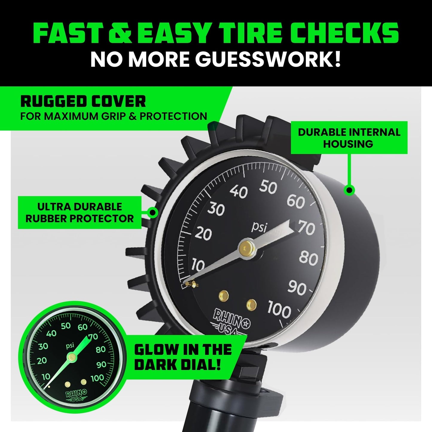 Rhino USA Tire Pressure Gauge with Inflator (0-100 PSI) - Heavy Duty Air Chuck and Compressor Accessories with Stainless Braided Hose, Large Analog Dial and Solid Brass Hardware for Truck and RV