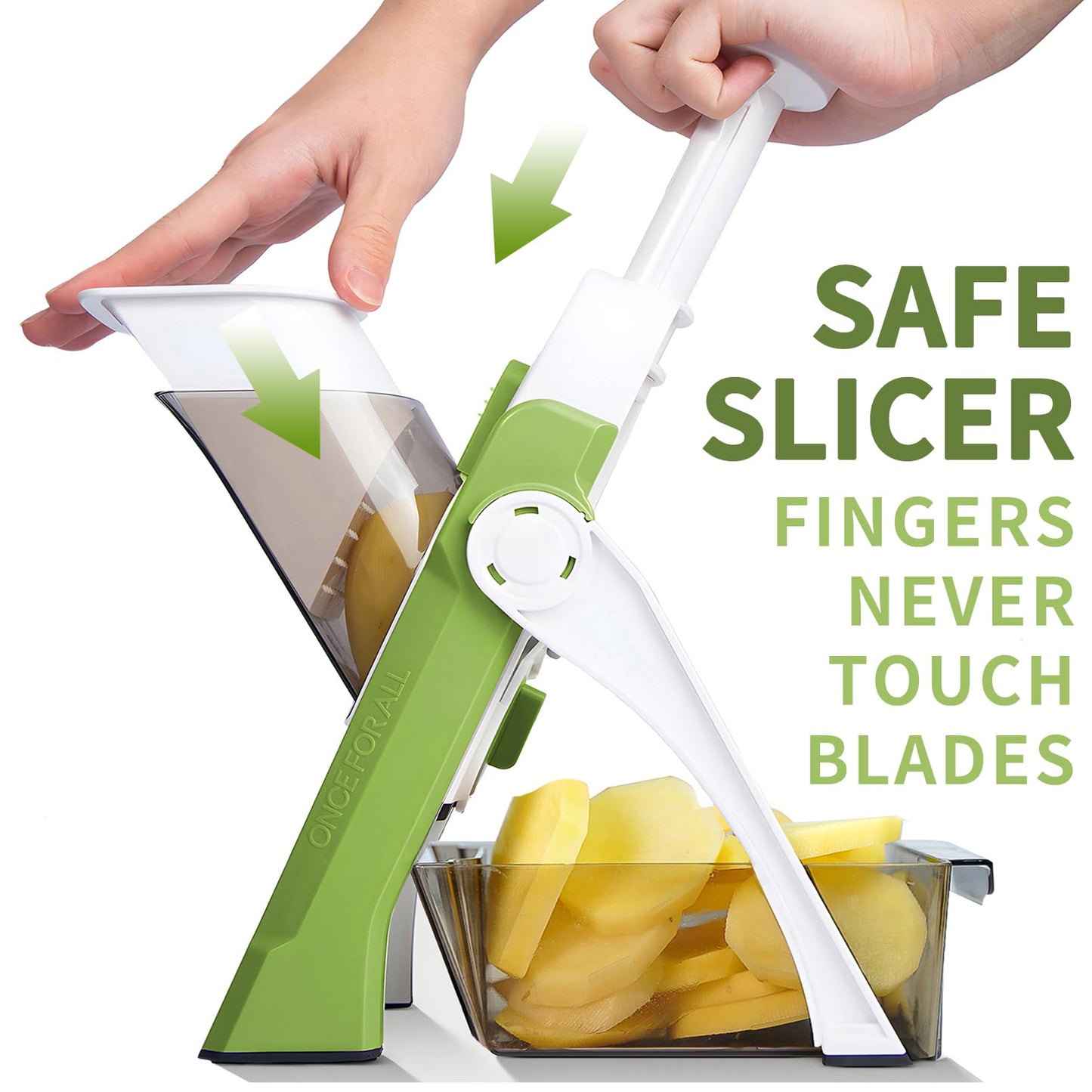ONCE FOR ALL Safe Mandoline Slicer, Multi Vegetable Chopper, Potato Slicer for Kitchen, 4 Modes 100+ Presets Adjustable Thickness, French Fry Cutter (5 in 1 Green)