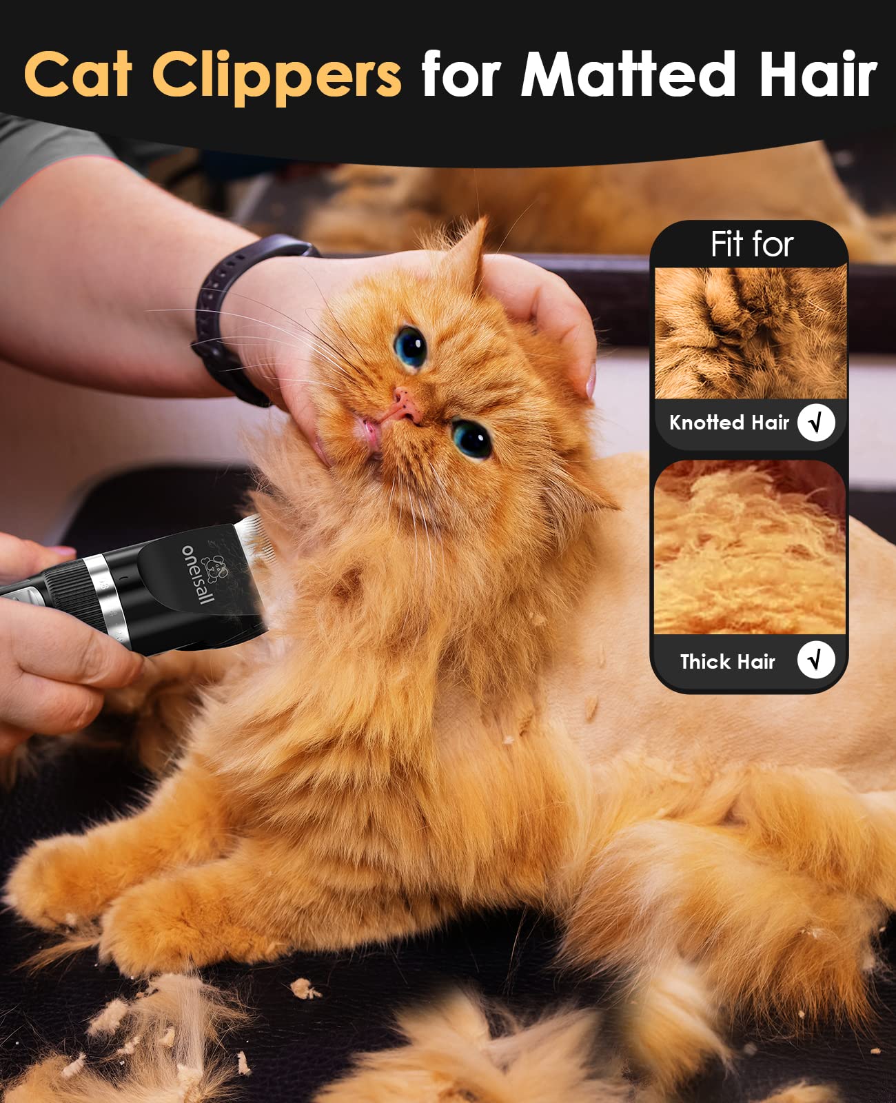 oneisall Quiet Cat Clippers for Matted & Long Hair, 2-Speed Cordless Pet Shaver Grooming Kit for Cats, Small Dogs & Animals (Black)