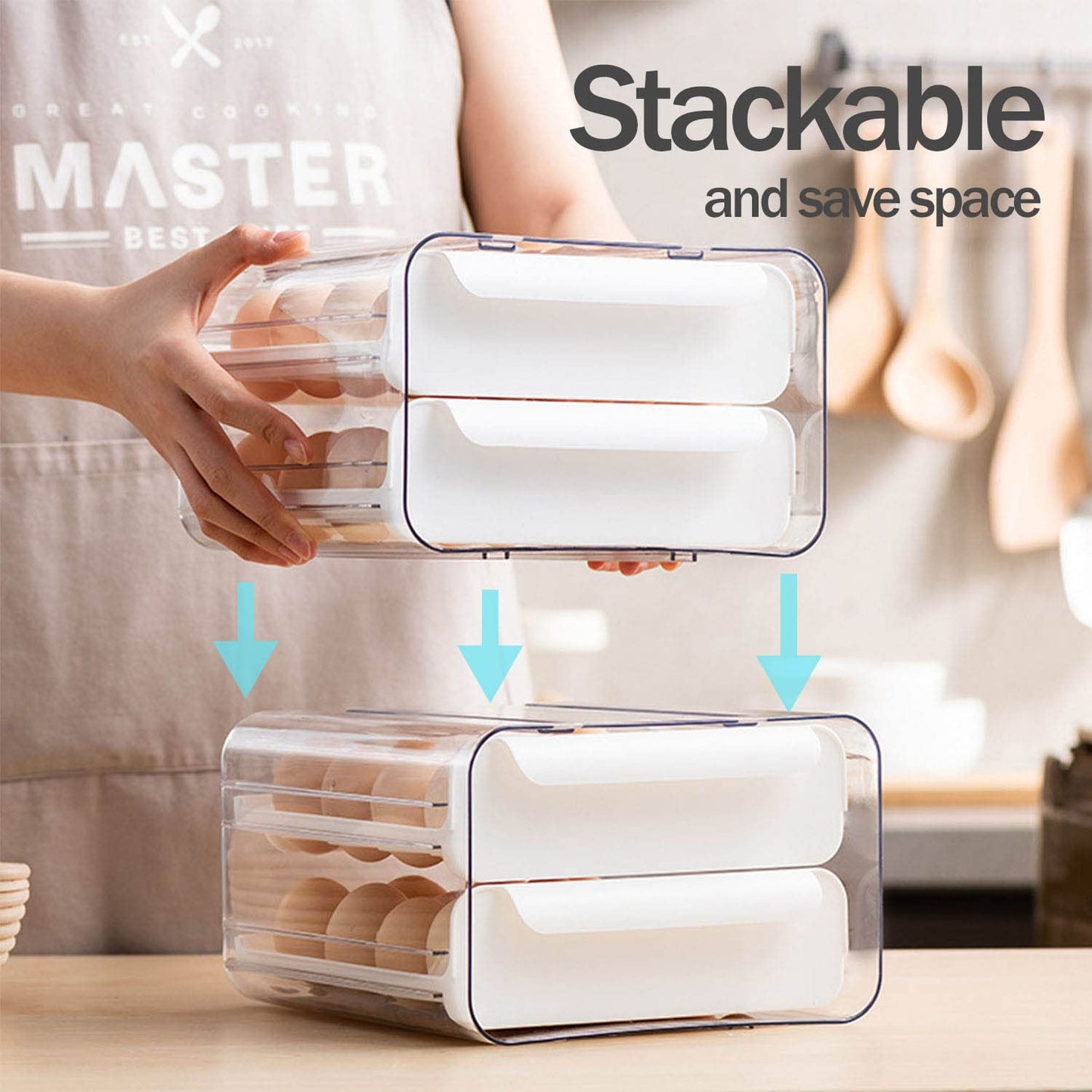 Large Capacity Egg Holder for Refrigerator, Egg Storage Container Organizer Bins, Stackable Clear Plastic Storage Egg Organizer with Handles, Household Egg Holder for Fridge(2 Layer)