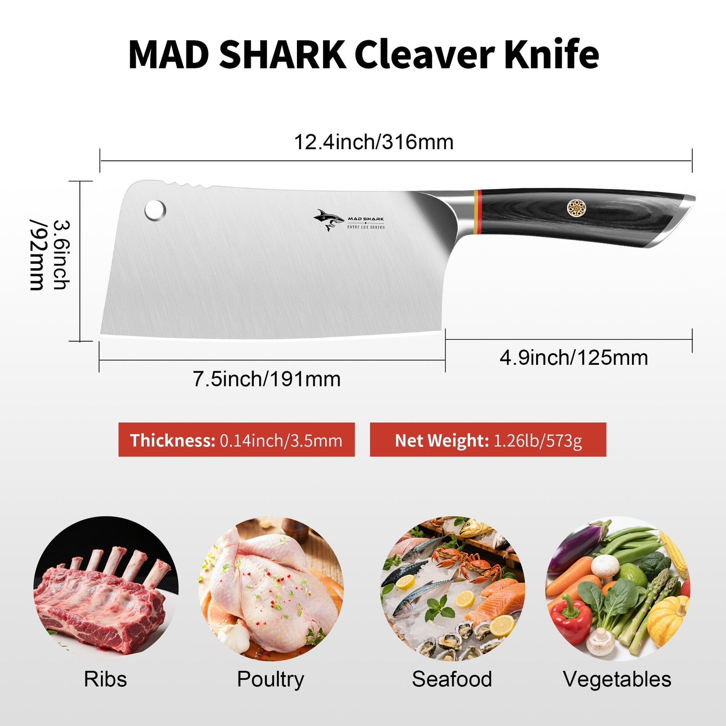 MAD SHARK Meat Cleaver, Professional 7.5 Inch Bone Chopping Butcher Knife with Heavy Duty Blade, German Military Grade Composite Steel, Chinese Chef's Bone Cutting Knife for Home Kitchen & Restaurant