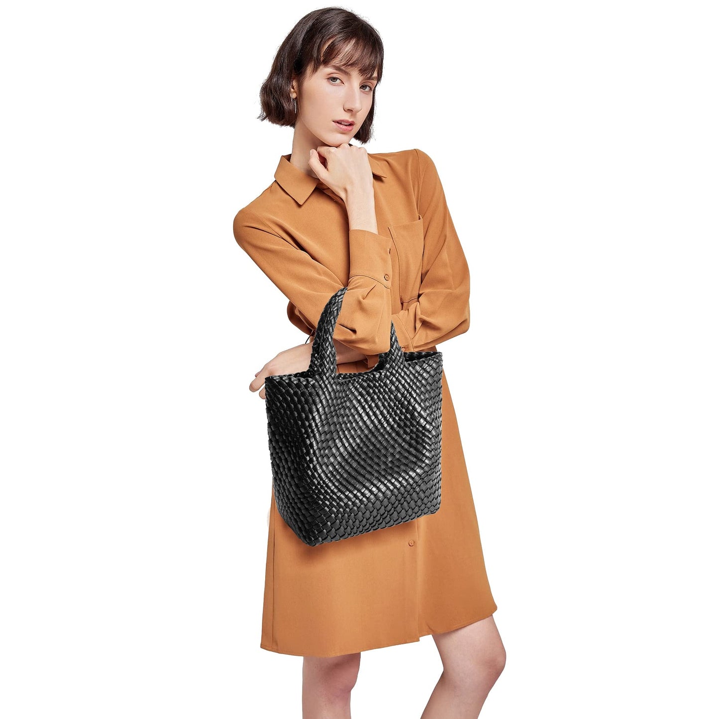 Queenoris Woven Bag for Women, Vegan Leather Tote Bag Large Summer Beach Travel Handbag and Purse Retro Handmade Shoulder Bag (Black)