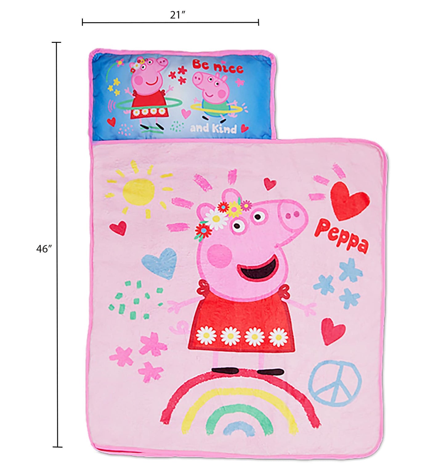 NoJo Peppa Pig I'm so Happy Toddler Nap Mat - Includes Attached Pillow and Fleece Blanket