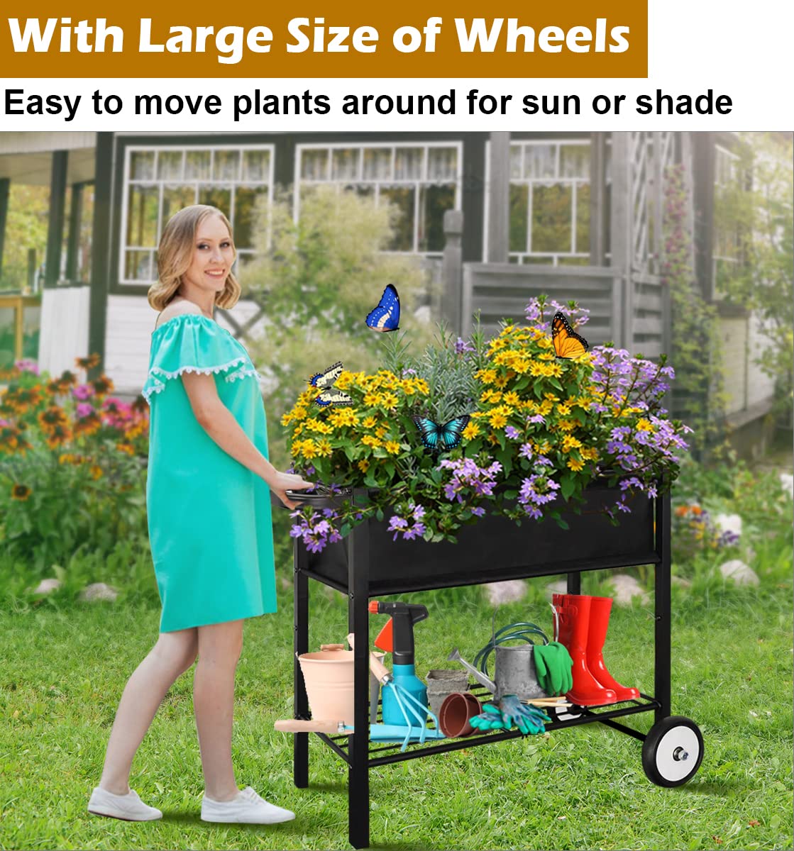 Koutemie Outdoor Raised Planter Bed Box with Legs for Gardening, Elevated DIY Garden Cart on Wheels for Vegetables Flower Tomato Herb Plant, Black