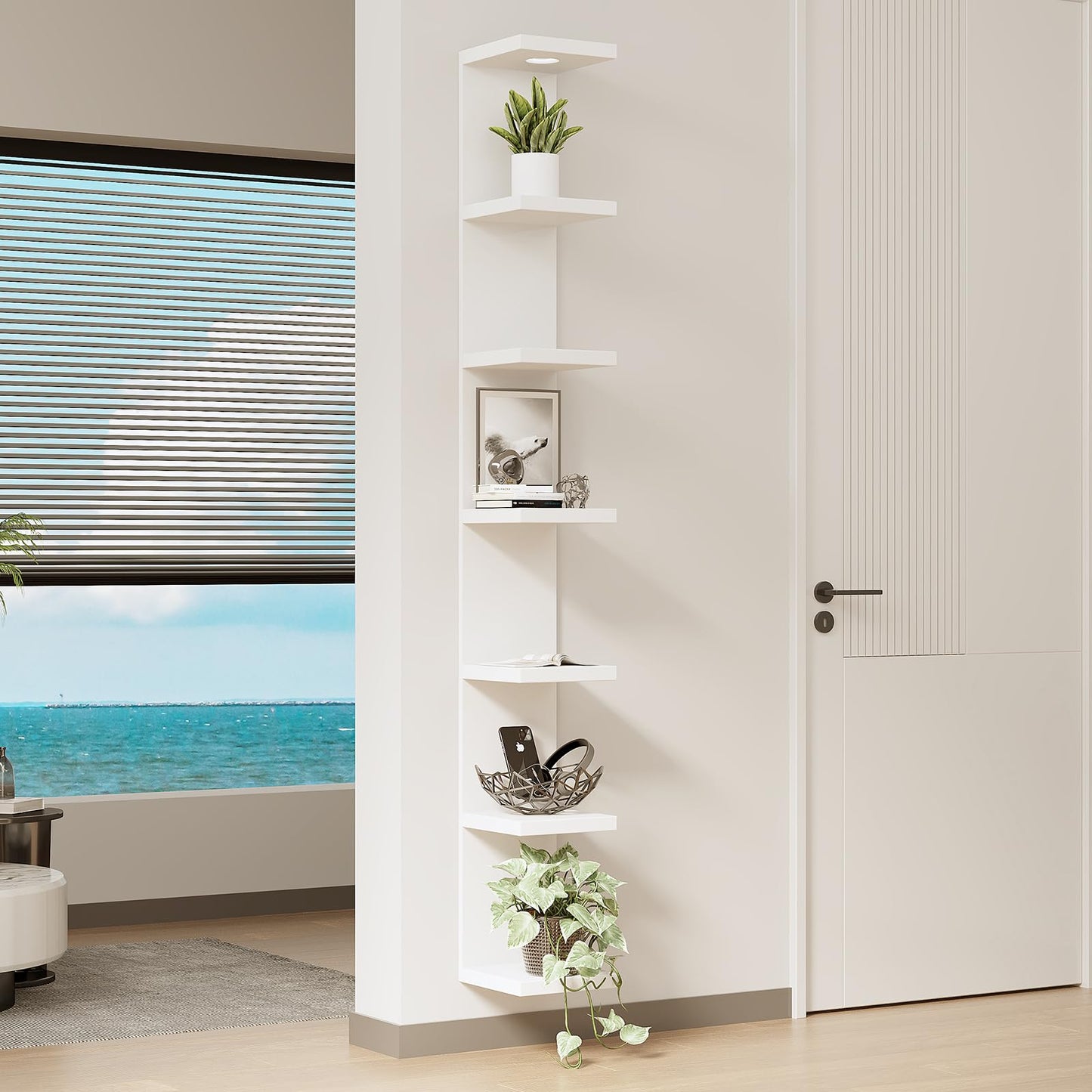 LitaEther Versatile 7 Tier Wall Shelf Unit,White Lack Wall Shelf,Display Floating Shelf with LED Remote Control Light