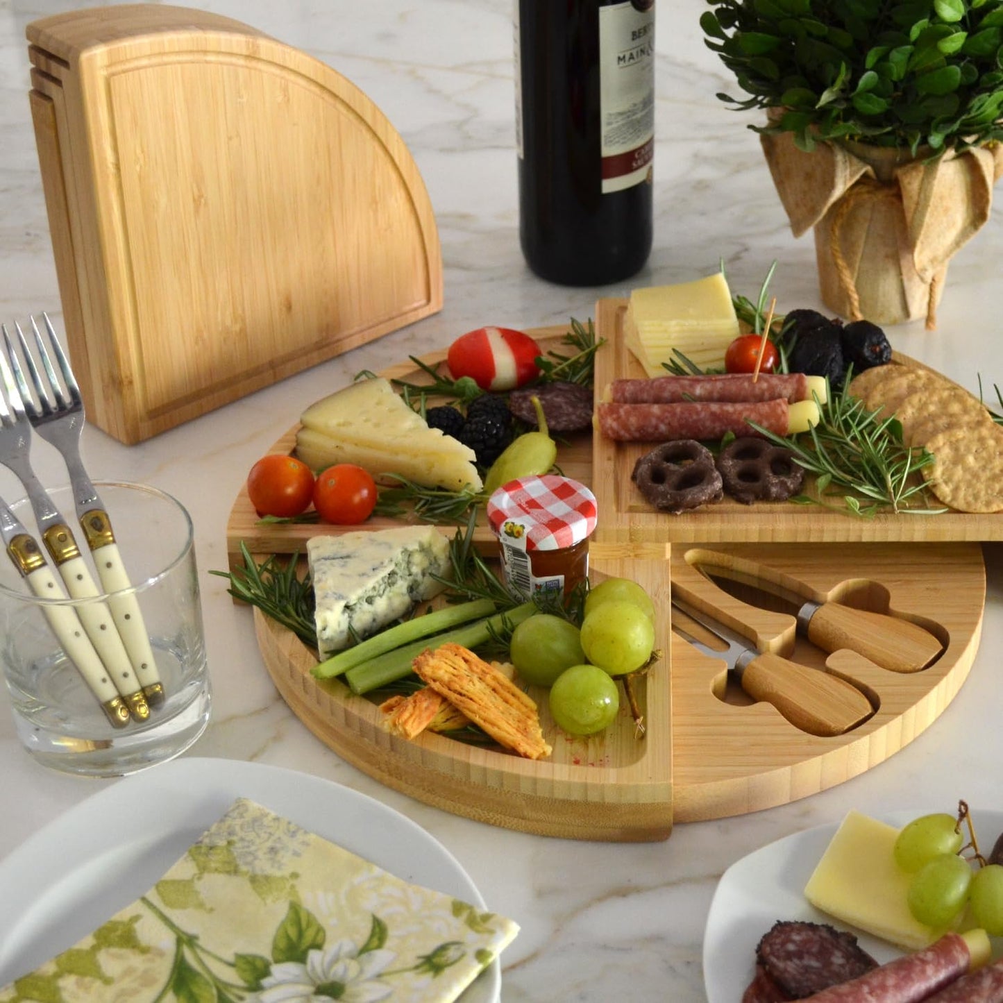 Picnic at Ascot Patented Bamboo Cheese Board/Charcuterie Serving Platter - Stores as a Compact Wedge- Opens to 13" Diameter - Designed & Quality Checked in USA
