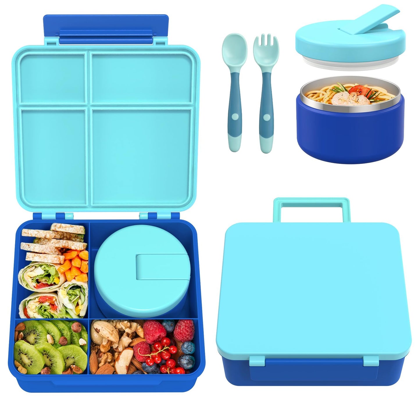 Pawtong Bento Lunch Box with 8oz Soup Thermo, Kids Leakproof Lunch Food Containers with 4 Compartment, Kids Thermo Insulated Hot Food Jar for School, Trvael(Blue