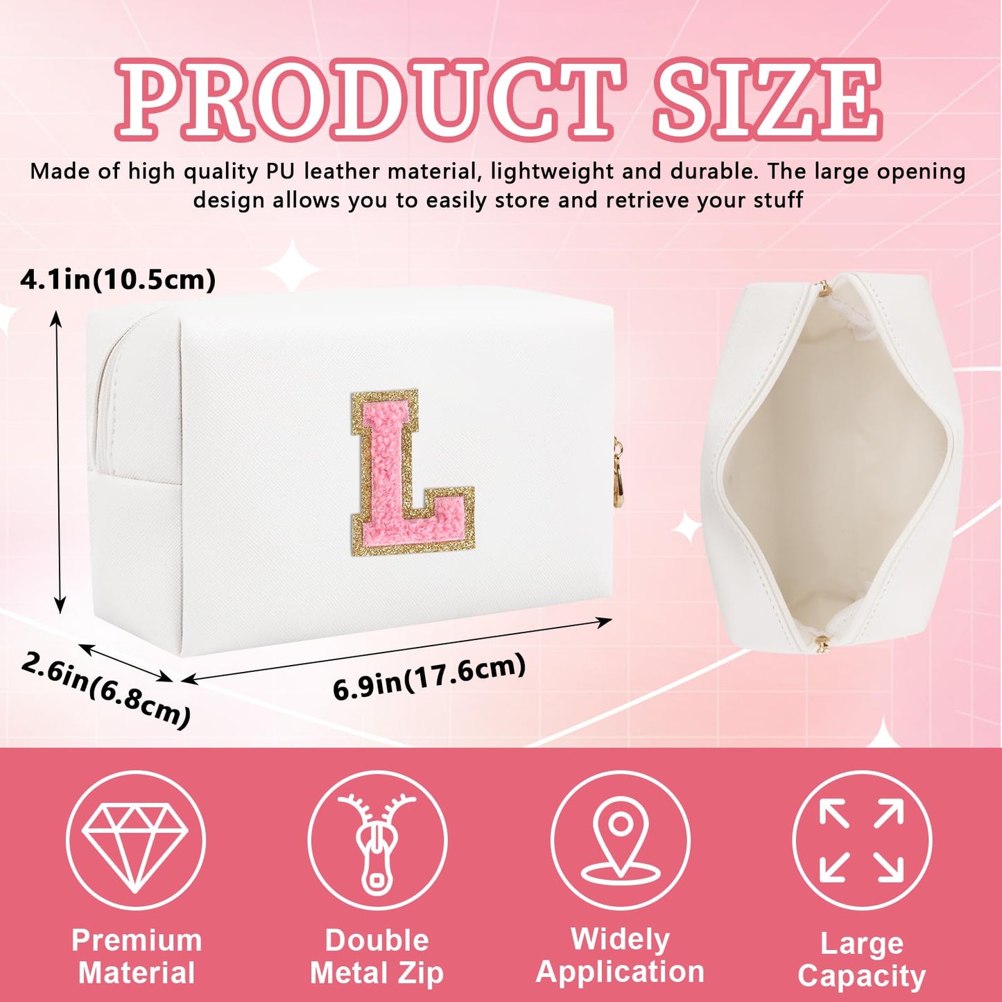Personalized Initial Patch Makeup Bag, Preppy Portable Chenille Letter Cosmetic Bag With Zipper, PU Leather Waterproof Travel Toiletry Bag Monogram Make Up Pouch for Women Girls (Letter L)
