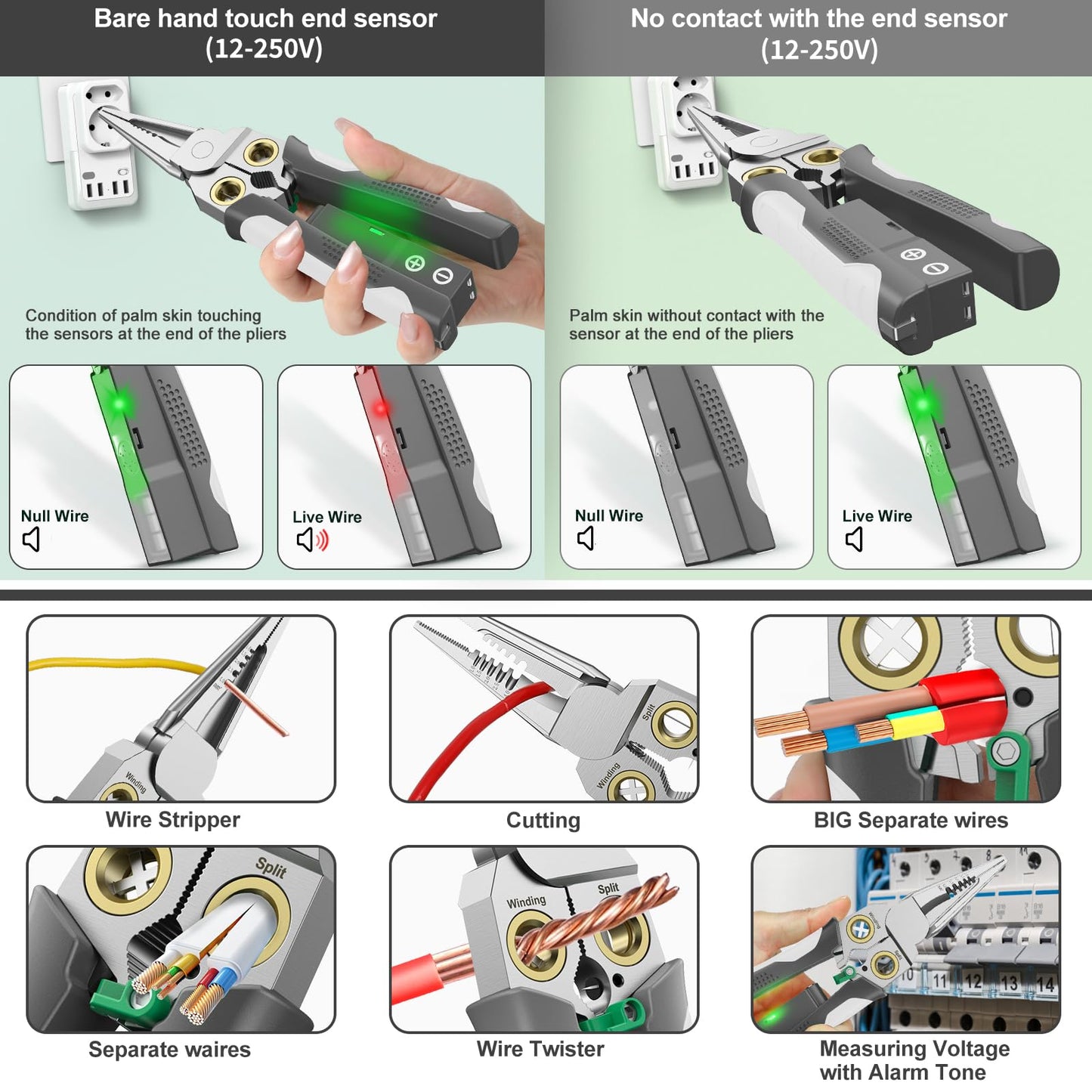 GADO Pro 8-in-1 Wire Crimper Stripper with Voltage Detector & Dual Alarms - Heavy Duty 12-250V AC/DC Tester for Hot/Neutral Wires - Electrician, HVAC, Car Repair Tool (Gray)