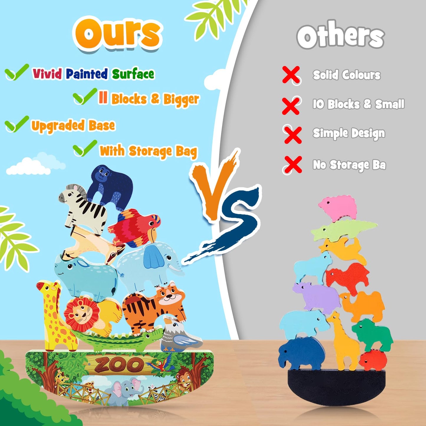 IPOURUP Animals Montessori Toddler Toys 3 4 5 6 7 8 Year Old Boys Girls Wooden Animal Blocks Stacking Toy Kids Birthday Gifts for Boy Girl Age 3-7 Educational Toys Fine Motor Balance Game