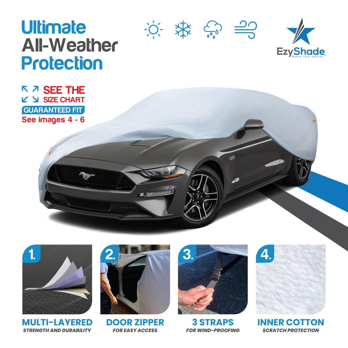 EzyShade 10-Layer Waterproof Sports Car Cover. See Vehicle Size-Chart for Accurate Fit. All Weather Full Outdoor Covers. Corvette Mustang Trans Am Classic Cars Sun Snow Rain. Size C4 (See SizeChart)