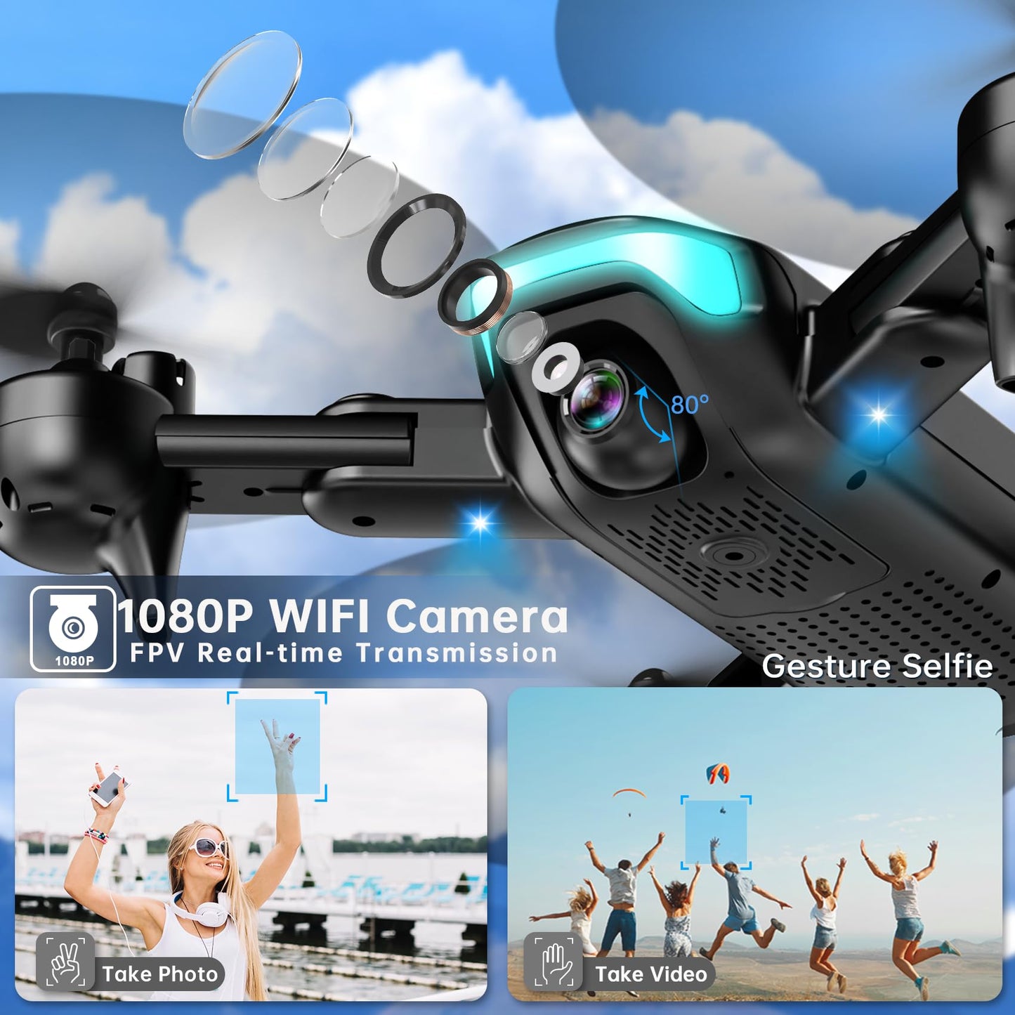 REDRIE Drone with 1080P Camera for Beginners, Foldable, Altitude Hold, Gestures Selfie, Waypoint Fly, Headless Mode, 3D Flip, One Key Start, 3 Speed Modes, Circle Fly, 2 Batteries