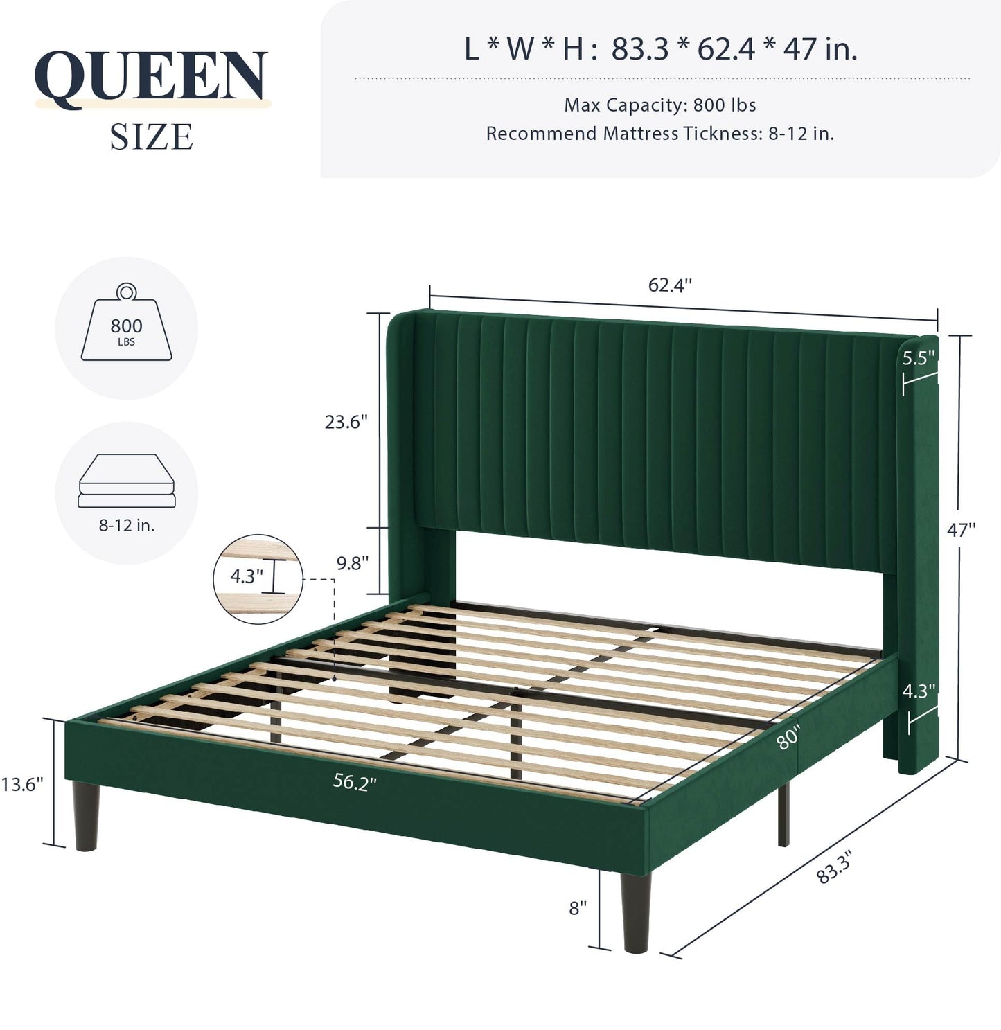 Allewie Queen Size Bed Frame/Velvet Upholstered Platform Bed/Vertical Channel Tufted Wingback Headboard/Strong Wooden Slats/No Box Spring Needed/Easy Assembly/Green