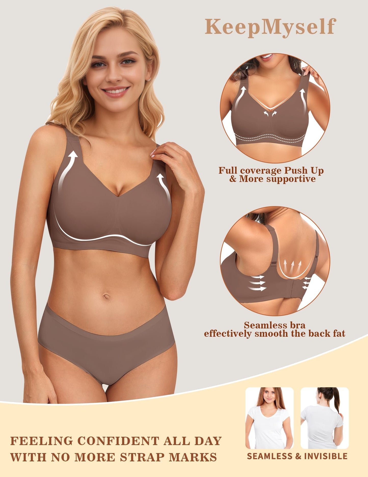 KeepMyself Bras for Older Women - Full Support Wireless Push Up Bra Plus Size - Back Fat Coverage & Anti Sagging Bralette, No Underwire Full Figure Lift Coffee 3XL