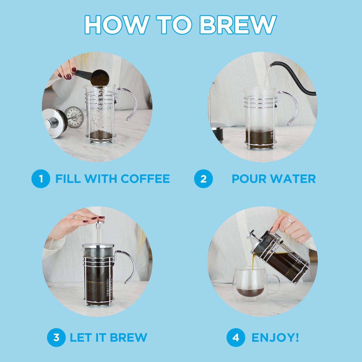 GROSCHE MADRID French Press - Premium Coffee and Tea Maker - 1.0L - 34oz - Borosilicate Glass Beaker - Dual Filter System For Rich Brew - Versatile Brewing | Stainless Steel Filter