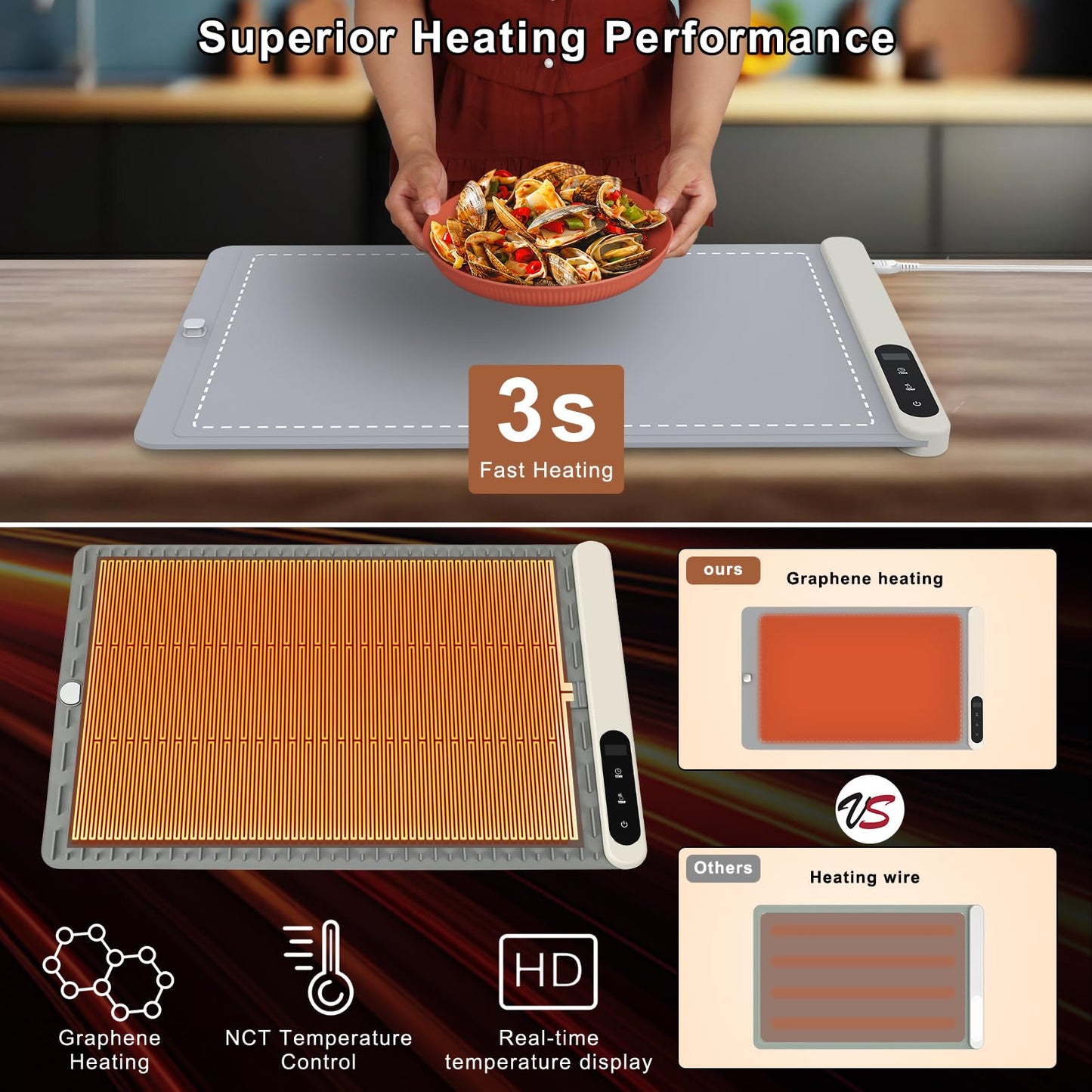 FYY Food Warming Mat - Electric Warming Tray with 6 Temperature Settings and 6 Hours Timer, Full Surface Graphene Heating Food Warmer, Premium Rollable Heating Tray for Gatherings, Parties, Grey