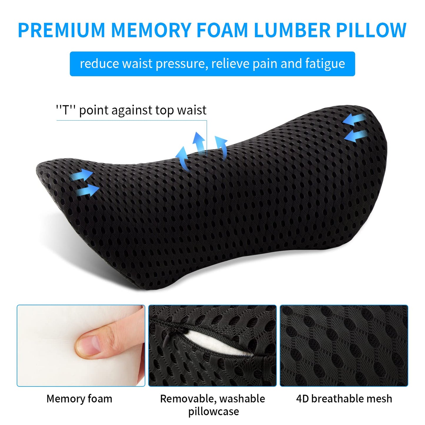 Lumbar Pillow, Memory Foam Lumbar Support Pillow for Office Chair and Car Seat, Back Support Pillow for Lower Back Pain Relief, Support Cushion Back Pillow for Sleeping, Resting, Driving, Traveling