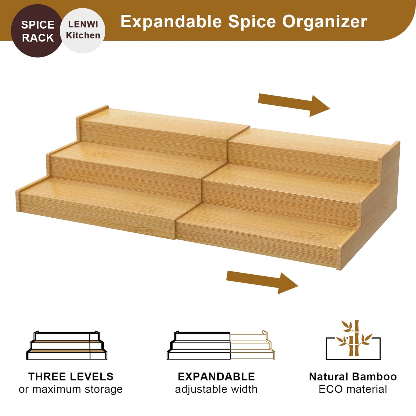 Lenwi Spice Rack Organizer for Cabinet, 3 Tier Expandable Bamboo Spice Storage, Great for Kitchen Cabinet, Cupboard,Pantry and More