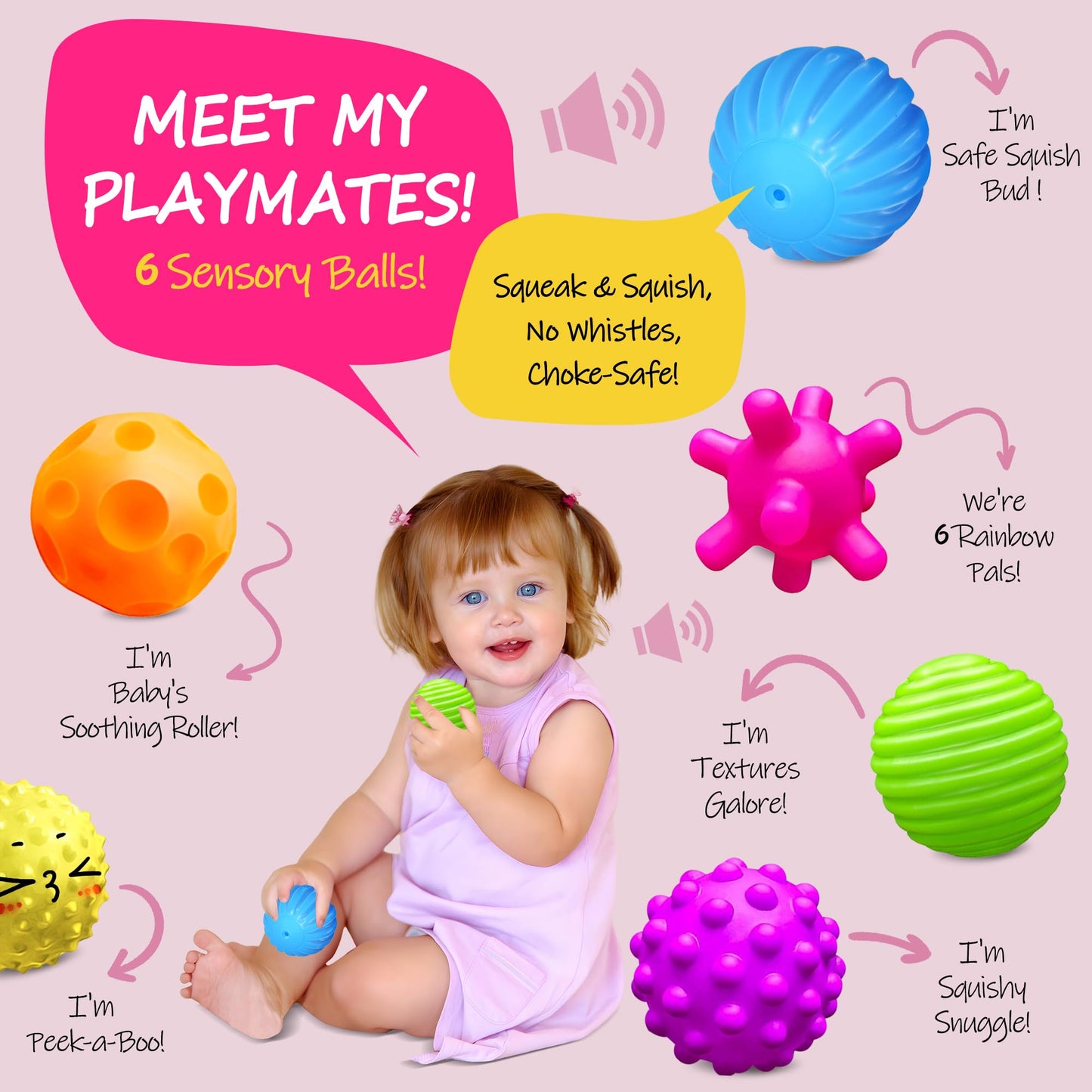 ROHSCE Baby Textured Multi Sensory Toys Massage Ball Gift Set BPA Free for Toddlers 1-3 Soft Balls Montessori Infant Baby Toys 6 to 12 Months 6 Pack