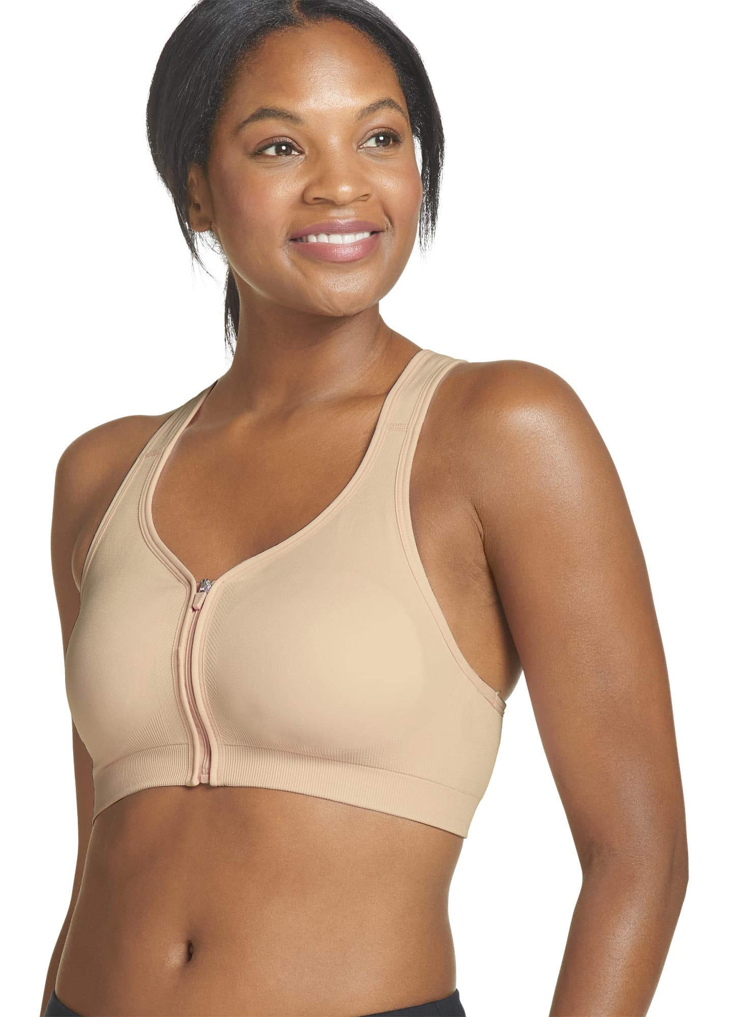 Jockey Women's Bras Mid Impact Zip Front Sports Bra, Nude, s