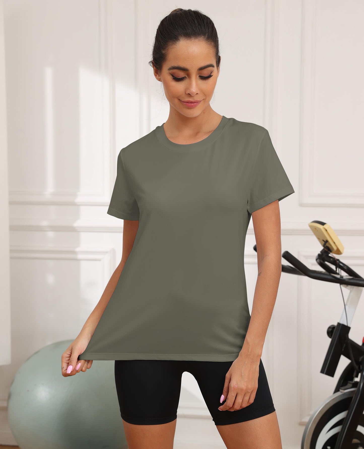 KevaMolly Olive Green Workout Tops for Women UPF50+ Breathable Loose Fit Yoga T Shirts Short Sleeve Running Gym Athletic Tee Top L