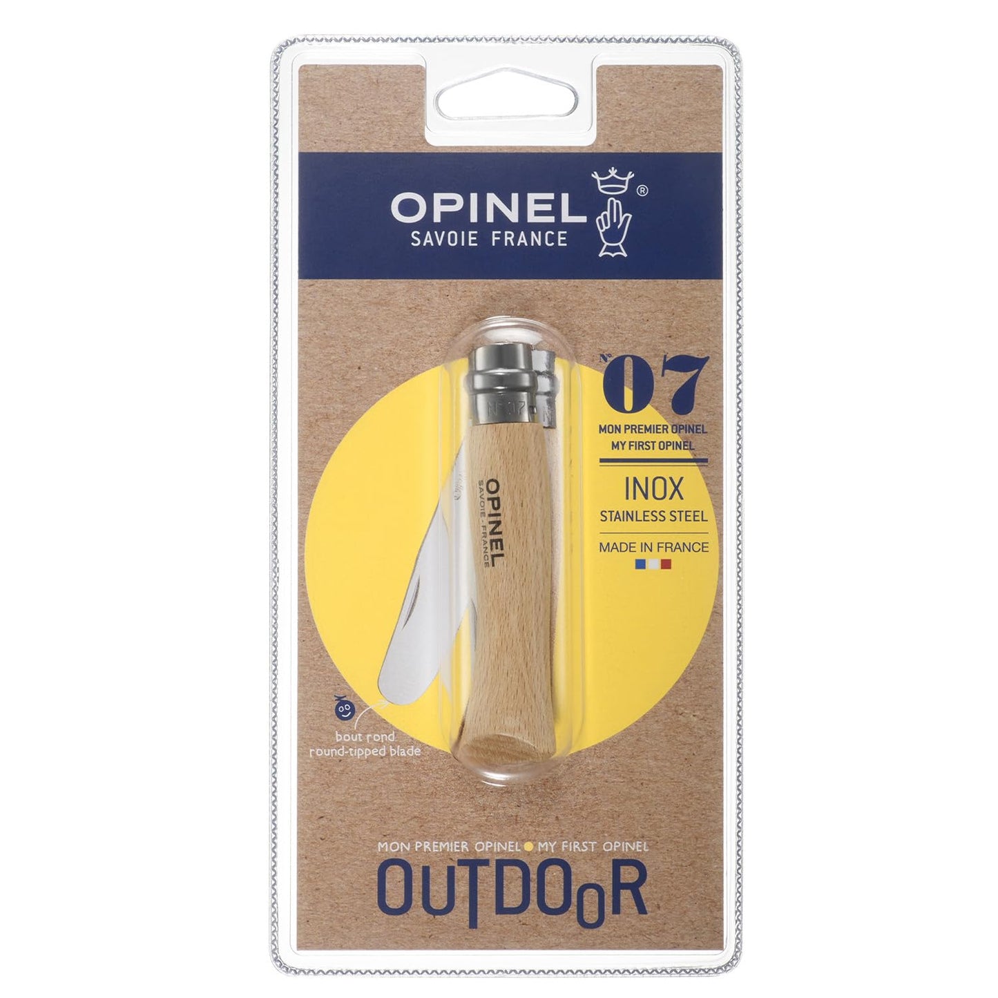 Opinel My First Opinel No.7, Stainless Steel Children’s Folding Knife with Safety Rounded Tip, Virobloc Locking Collar, Made in France (Natural)