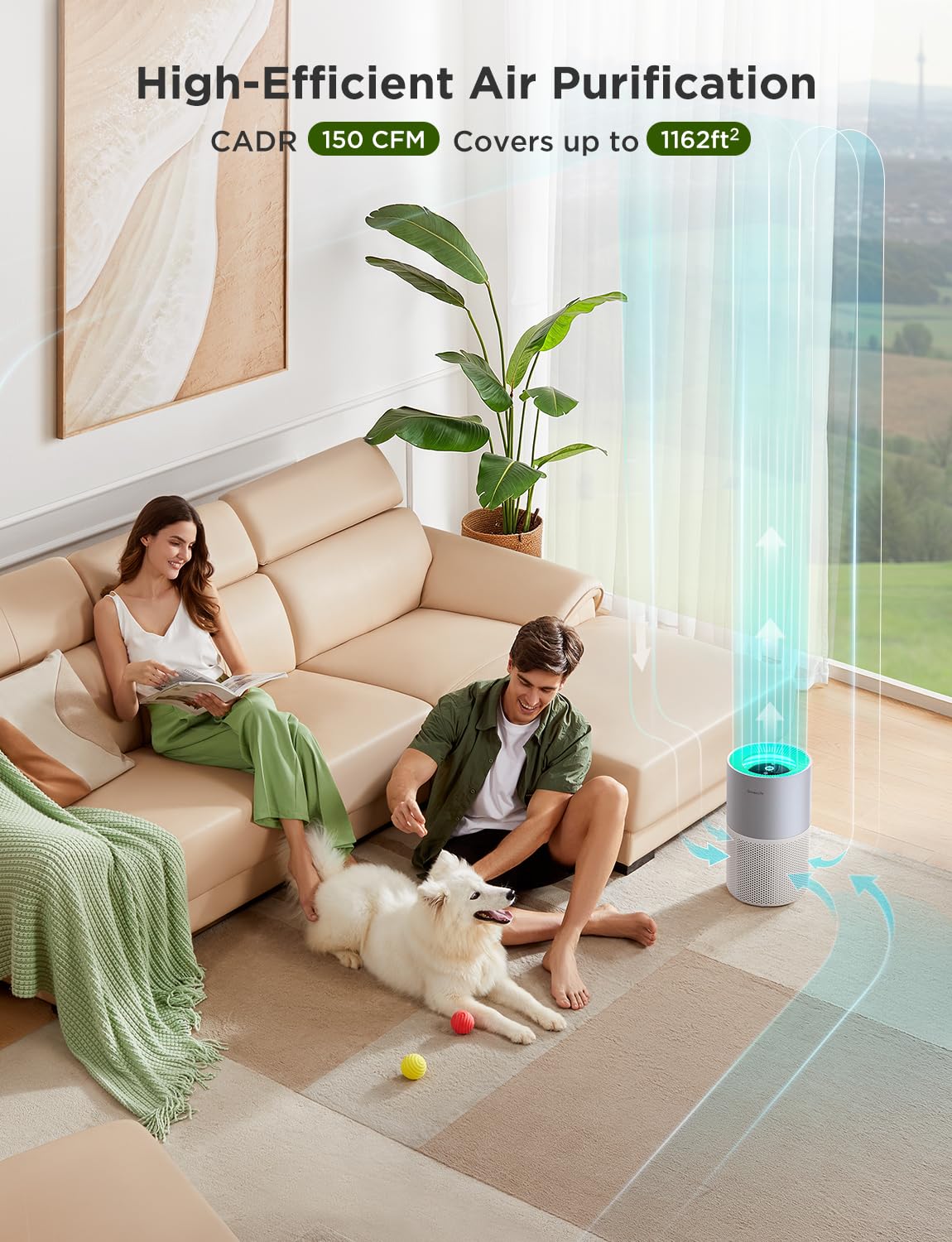GoveeLife Air Purifiers for Home, Smart Air Purifier for Large Rooms with App & Alexa Control, Covers up to 1162ft², Air Quality Monitor, PM2.5 Sensor Air Purifier for Pet Hair, Pollen, Dust, Smoke