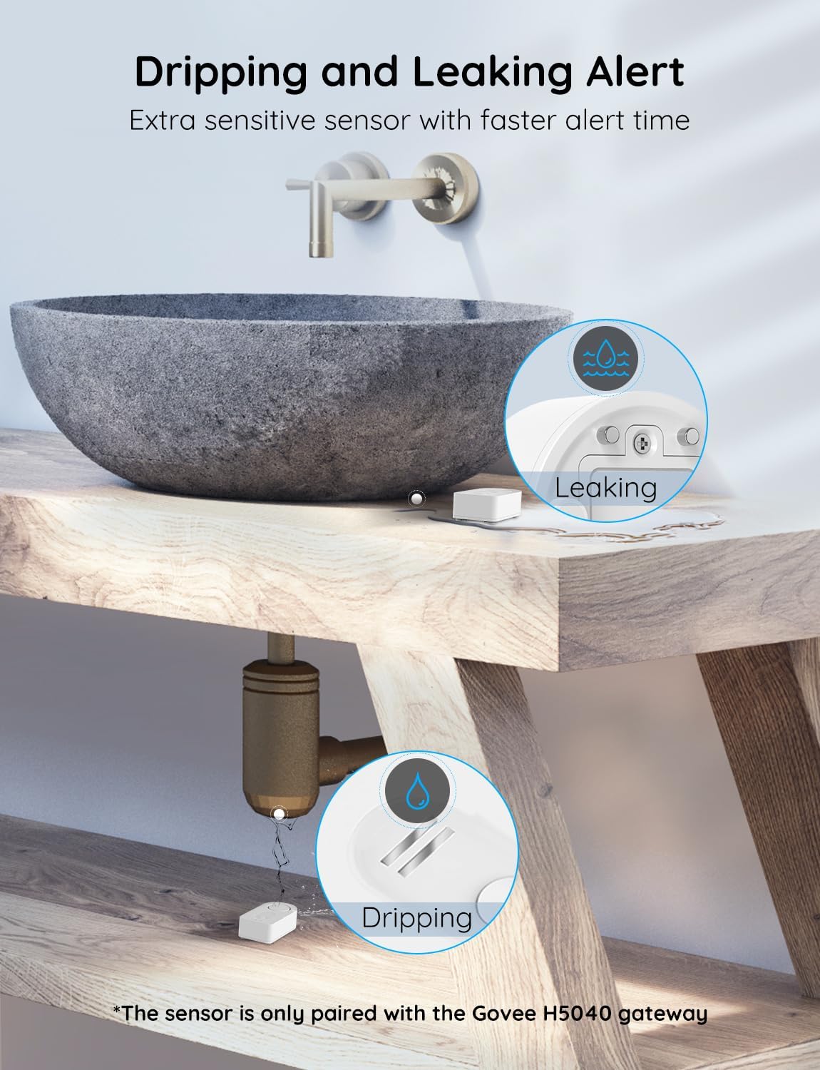 Govee Water Leak Detectors 5 Pack, 100dB Adjustable Audio Alarm Sensor, Sensitive Leak and Drip Alert, for Kitchen Bathroom Basement (Cannot Connect to Wi-Fi Directly)