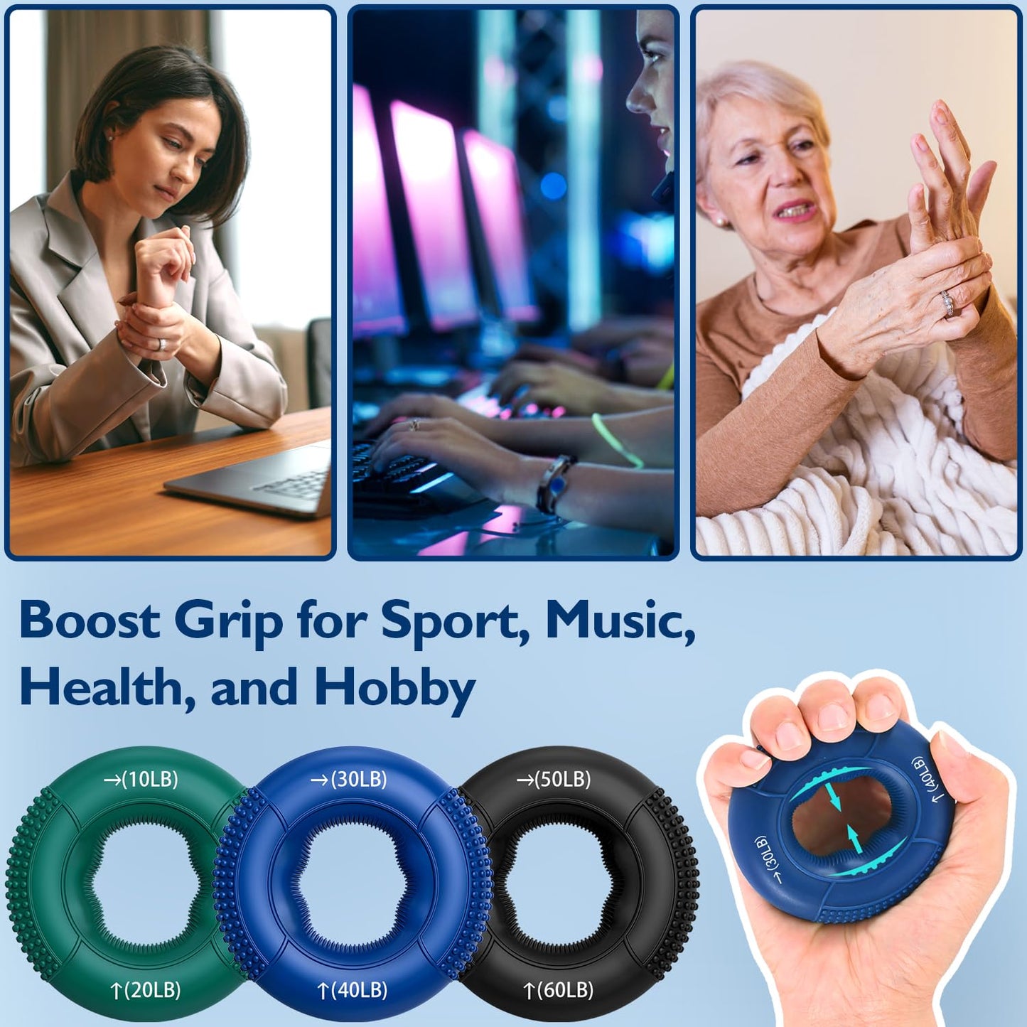 FitBeast Hand Grip Strengthener, Finger Exerciser, Forearm Strengthener Kit - 9 Pack, Targeted Hand & Forearm Strength, Relief & Recovery Kit (Deep Blue)