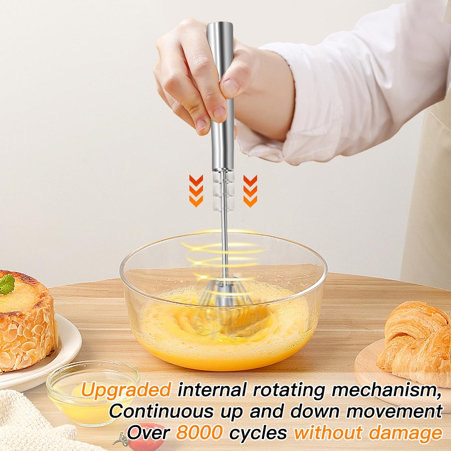 Qukaka Hand mixer egg beater,stainless steel semi automatic whisk,egg spinner,wisking tool,whipped cream dispenser,easy whisks for cooking,Beating&Stirring(12in)