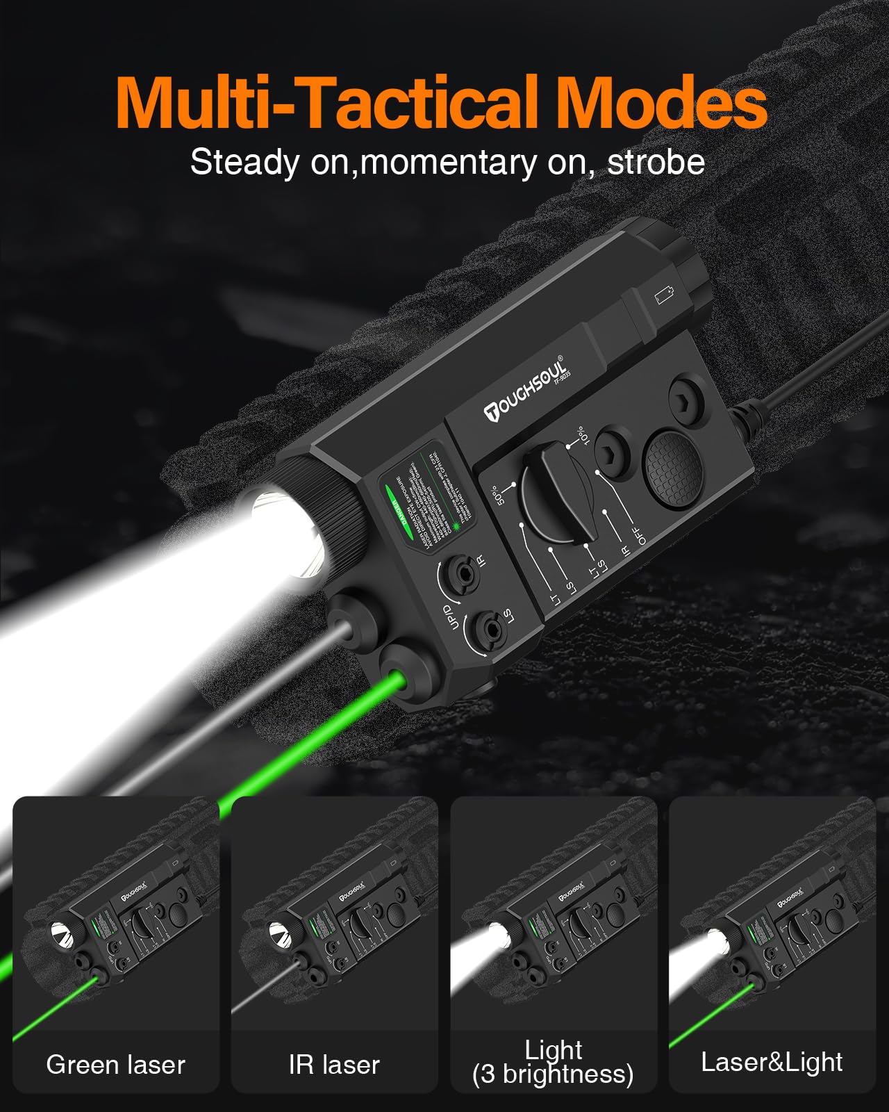 Mlok and Picatinny Mounted Tactical Flashlight Green Laser Infrared(IR) Laser 3 in 1 Combo, 1200 Lumen Light with Remote Pressure Switch for Rifle