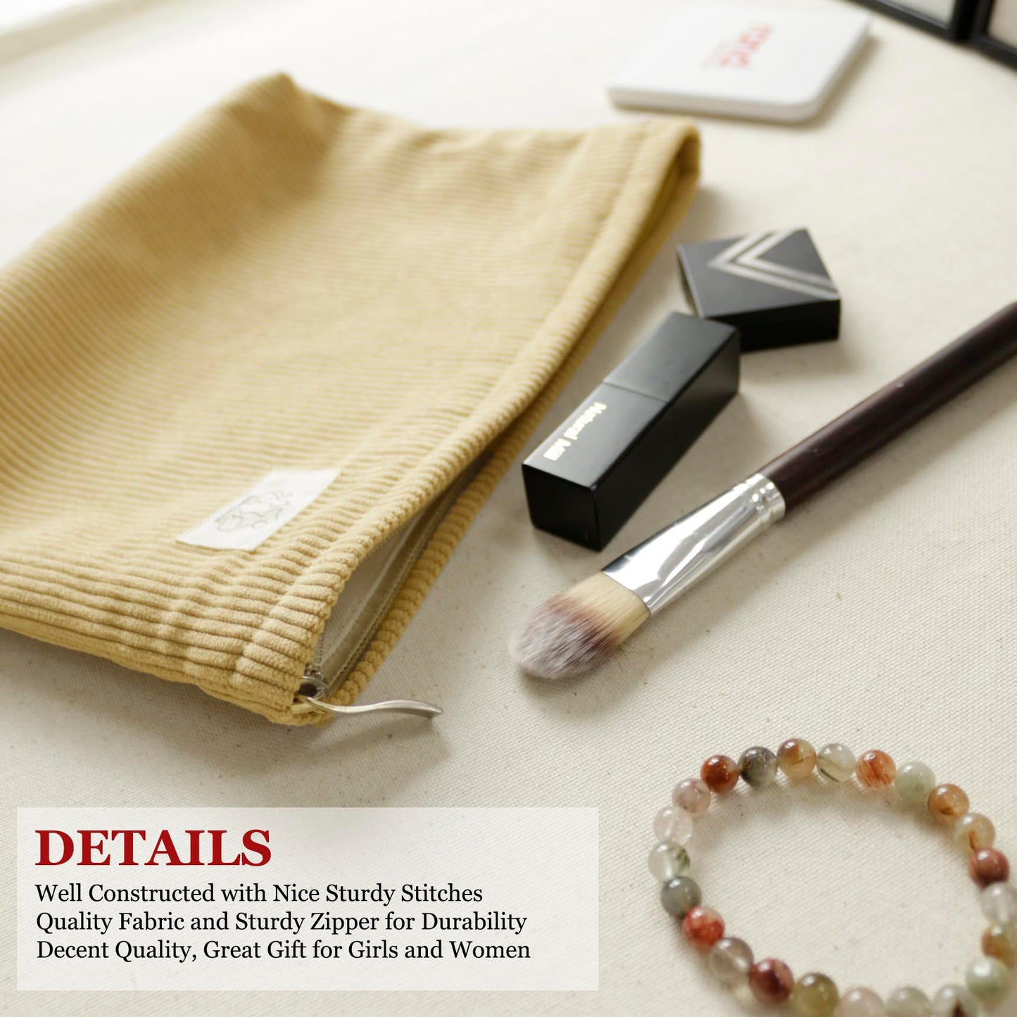 HAPPYHEIDI Creamy White Corduroy Makeup Bag Cosmetic Toiletry Travel Pouch, Make Up Accessory Purse Organizer, Canvas Lined