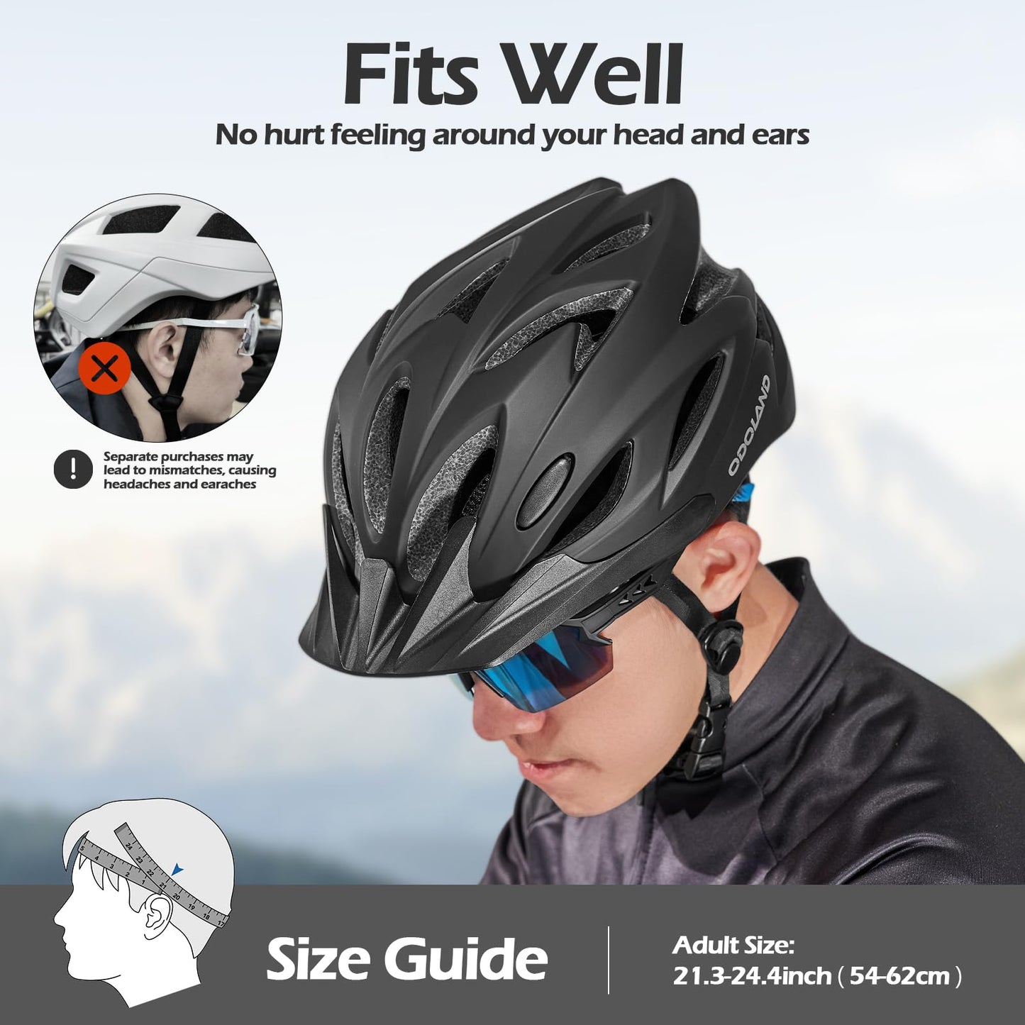 Odoland Bike Helmet with Cycling Sunglasses, Adjustable Size Adult Cycling Helmets for Men Women Road Bike Mountain Ebike, Matte Black