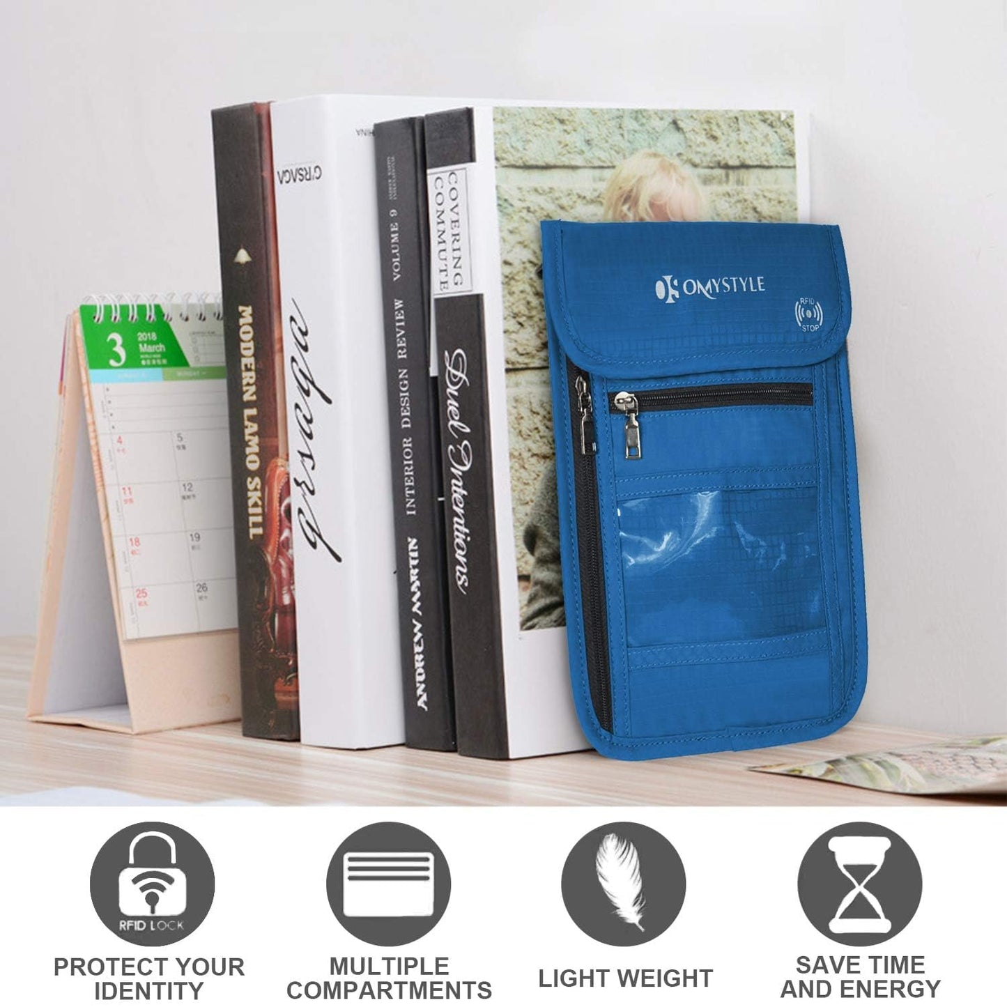 OMYSTYLE Neck Wallet, RFID Passport Holder for Travel, Adjustable Neck Strap, Waterproof Neck Pouch for Men & Women to Keep Cash, Credit Cards and Documents Safe, Blue (8x6)