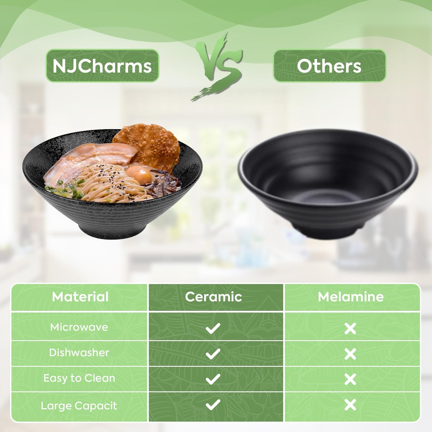 NJCHARMS Ceramic Ramen Bowl Set of 2, 60 oz Japanese Noodle Soup Bowls with Spoons and Chopsticks for Ramen Soup Pho Udon Asian Noodles, Large Noodle Bowls