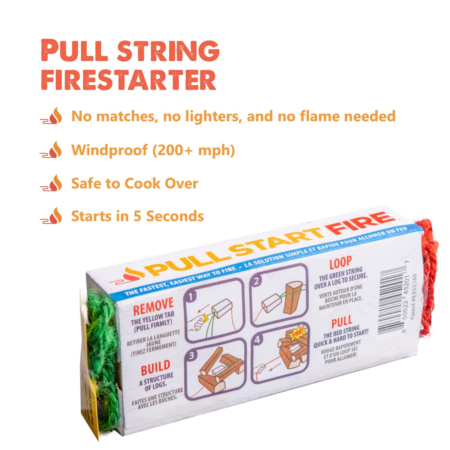 Pull Start Fire Pull String Firestarter | No Matches Required, Fire Starts in Seconds | for Campfires, Grill, Fireplace, BBQ | Lights Wet Wood, Easy to Use, Food Safe and Weather Resistant | 6 Pack