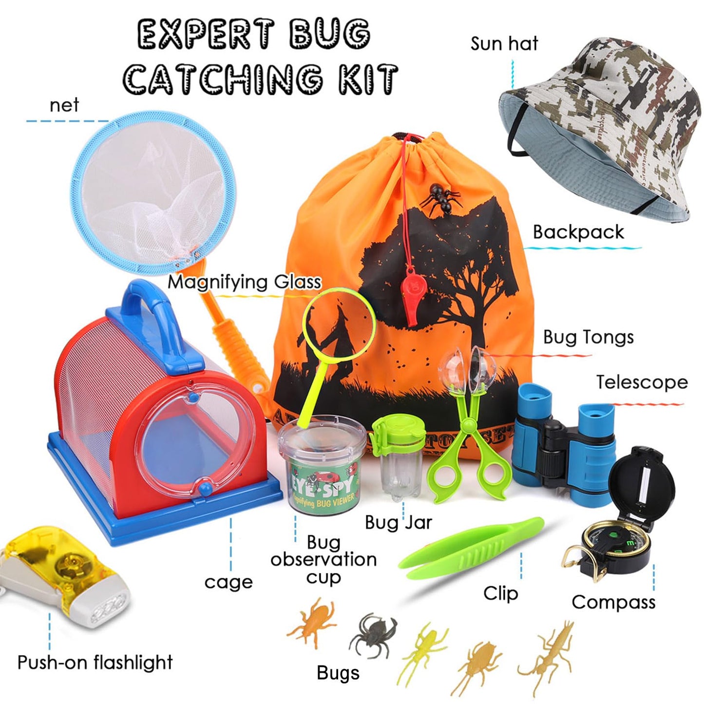 ESSENSON Outdoor Explorer Kit & Bug Catcher Kit with Binoculars, Compass, Magnifying Glass, Critter Case and Butterfly Net Great Toys Kids Gift for Boys & Girls Age 3-12 Year Old Camping Hiking