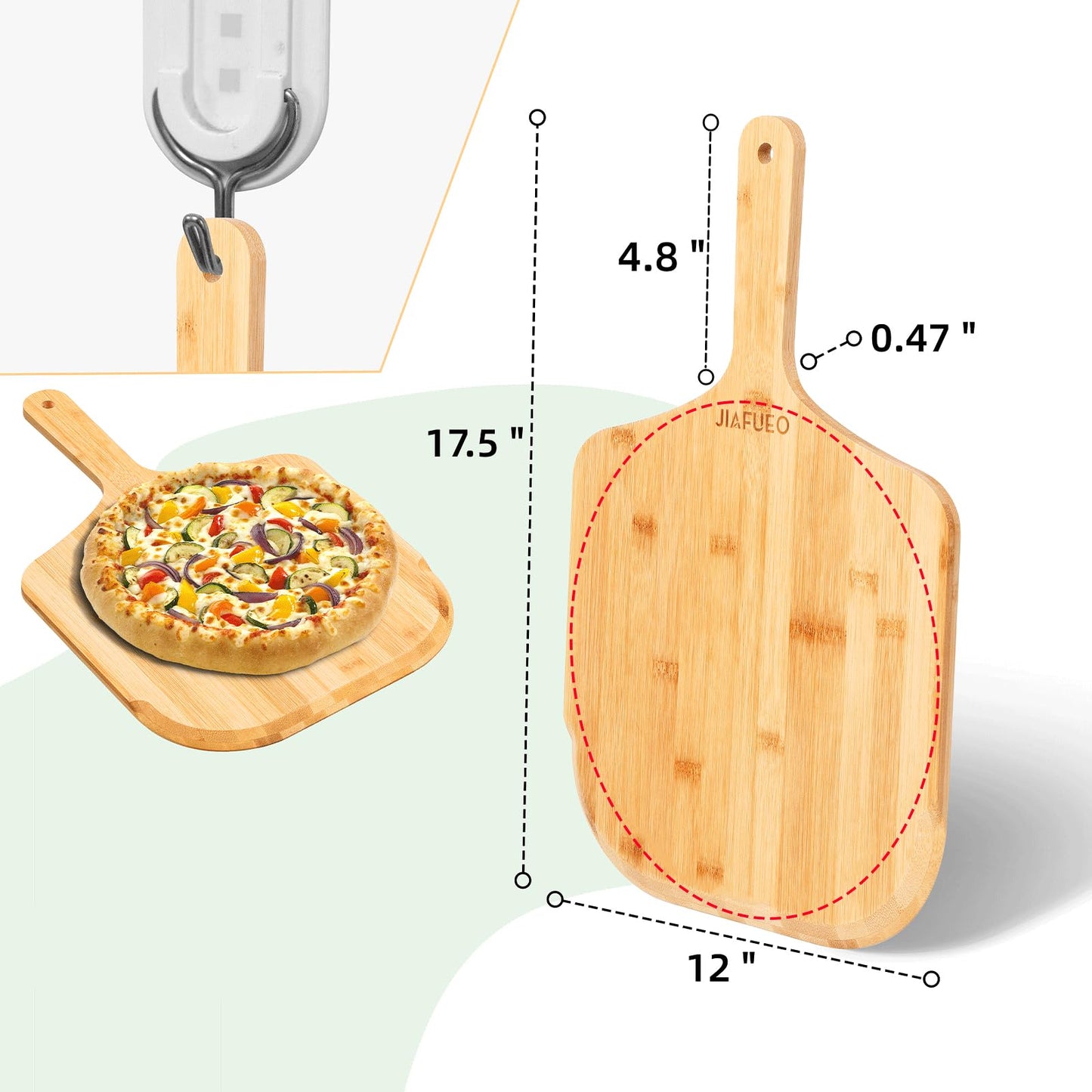 JIAFUEO Pizza Peel 12 inch, Bamboo Pizza Paddle Spatula - Wooden Serving Board, Oven Accessory for Baking Homemade, Wood Cutting Board for Cheese Bread Fruit Vegetables