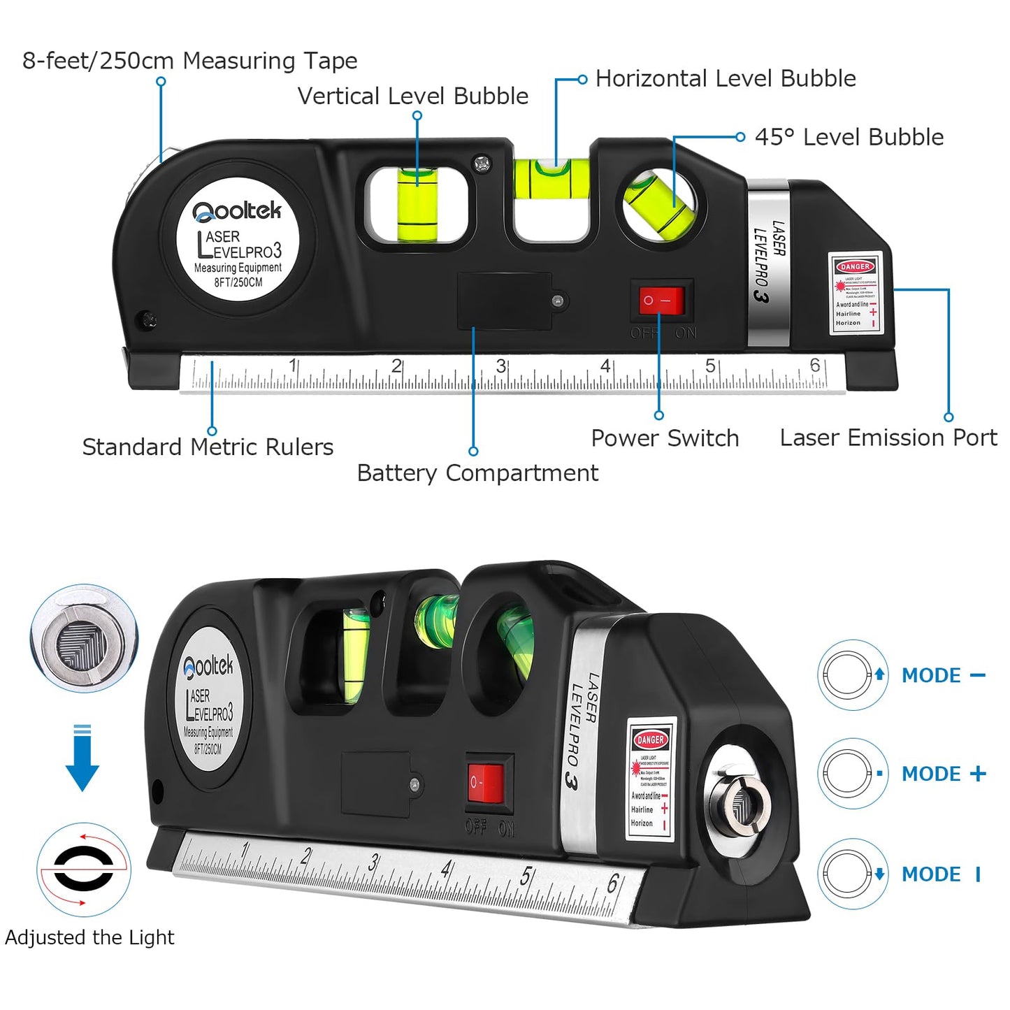 Laser Level Multi Tool, Multipurpose Cross Line Laser leveler Kit Tools with Metric Rulers 8ft/2.5M for Hanging Pictures Cabinets Tile Curtains Walls by Qooltek